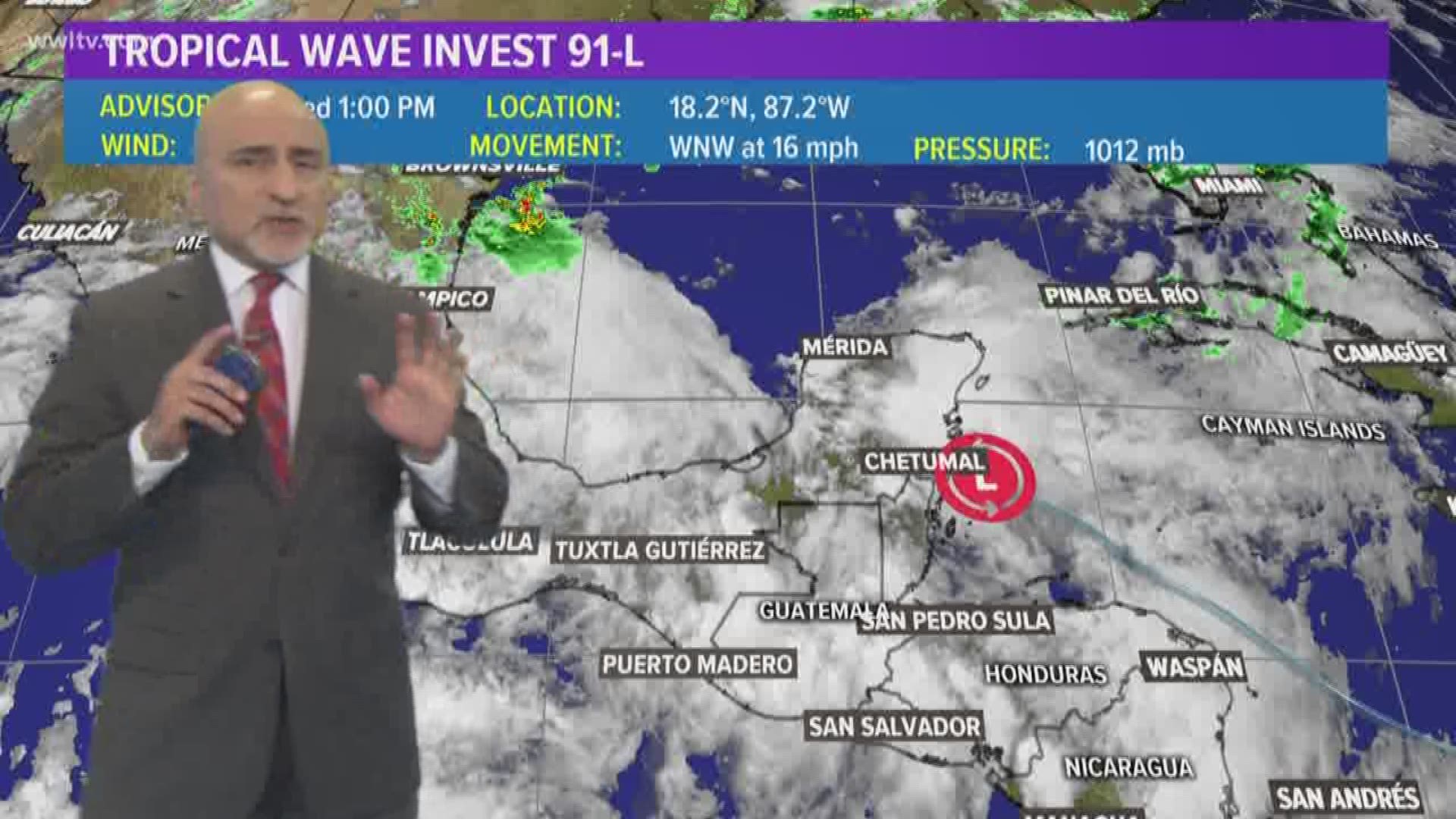 Chief meteorologist Carl Arredondo in the Wednesday evening tropical update.