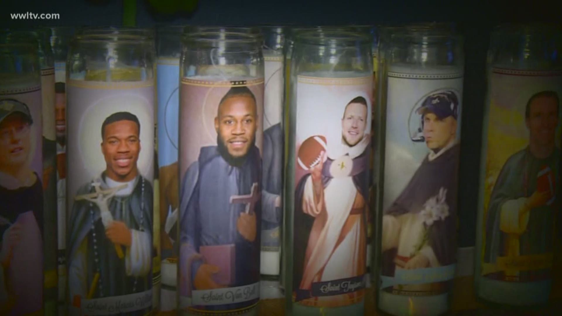 Customized Saints candles are still for sale.