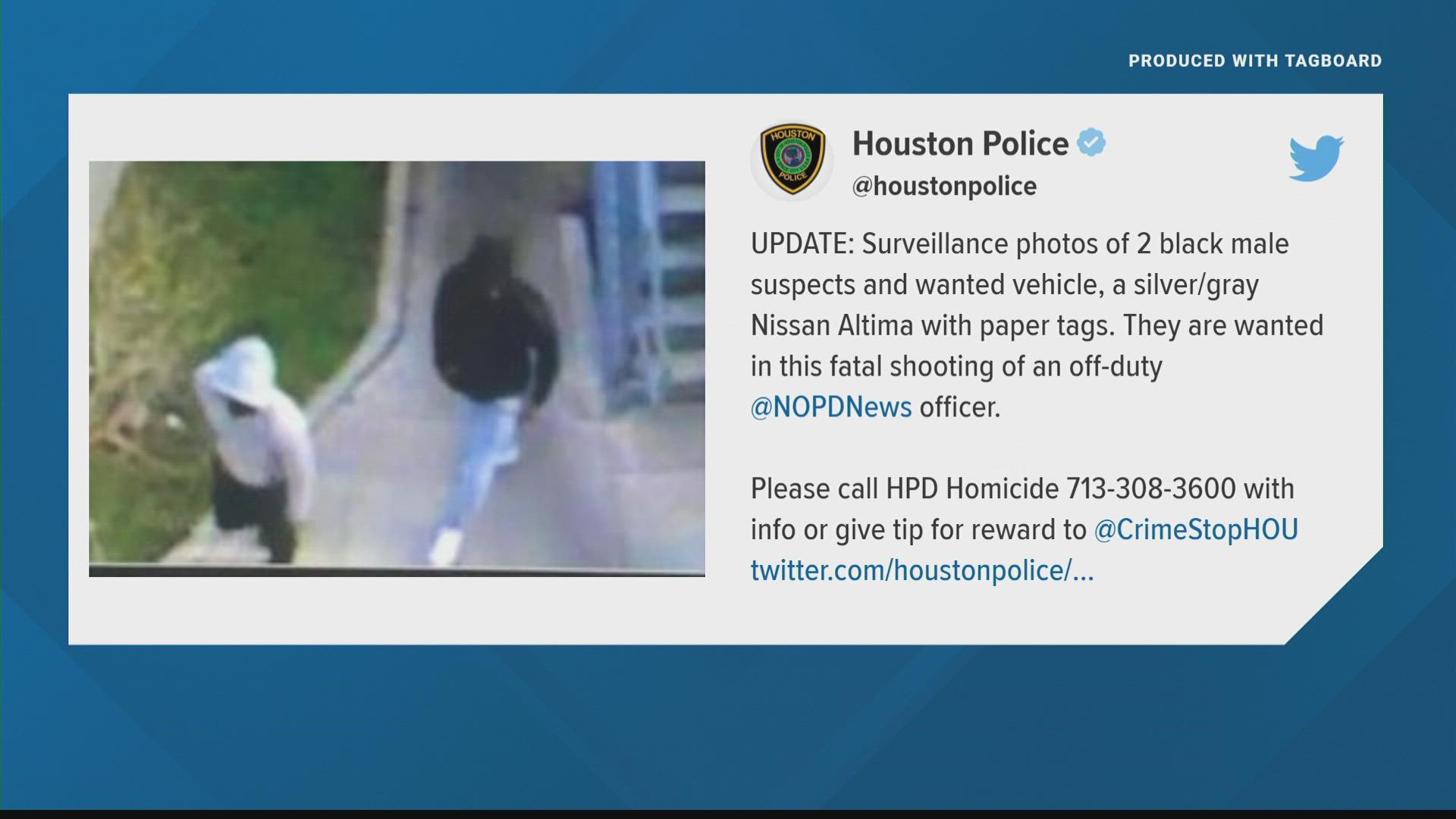 Houston Police are looking for the person responsible for the shooting death of an NOPD officer at a Houston restaurant.