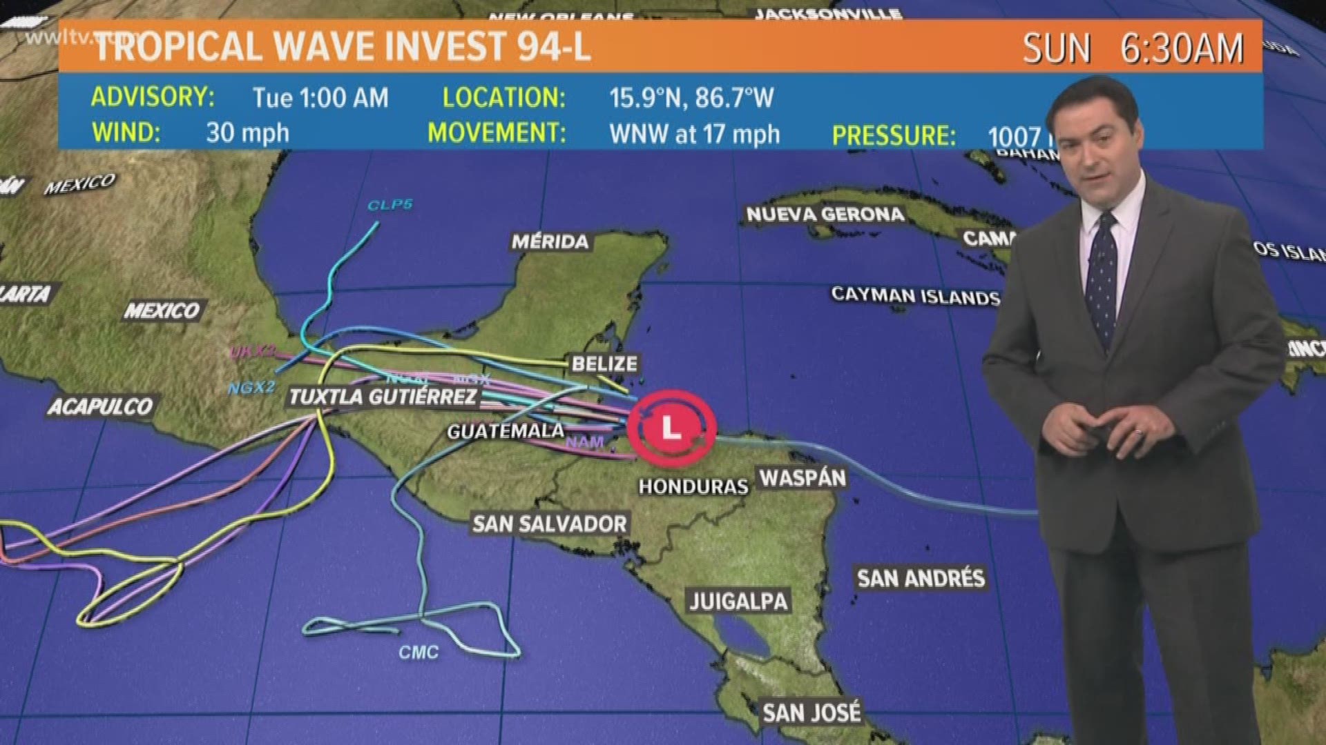A broad area of low pressure across the Western Caribbean has a medium chance for development before it moves inland over Honduras and Belize today.