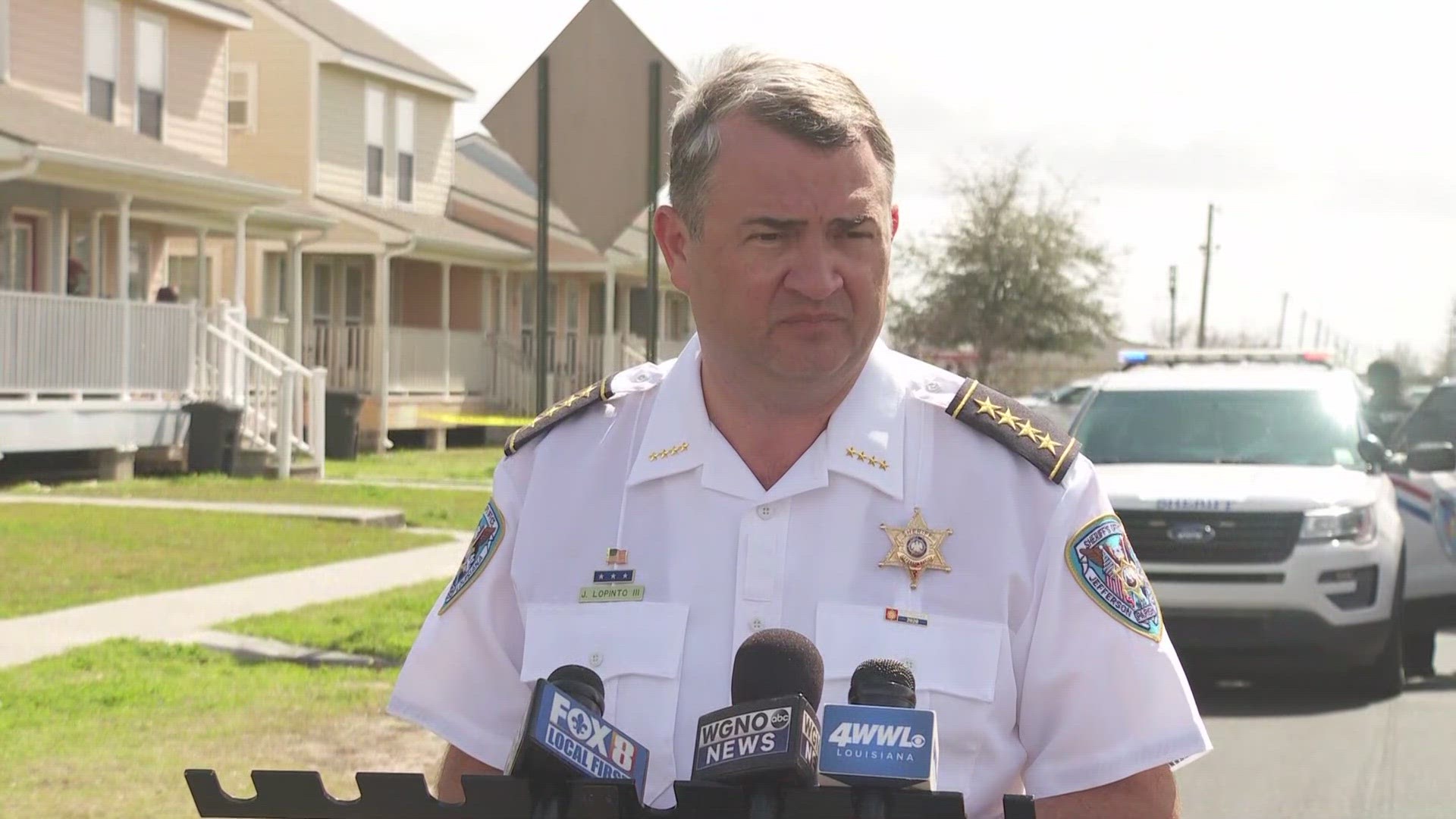 Sheriff Joseph Lopinto talked to media about a fatal shooting at Silver Lilly Lane off 4th Street in Marrero, La., on Tuesday, Feb. 27, 2024