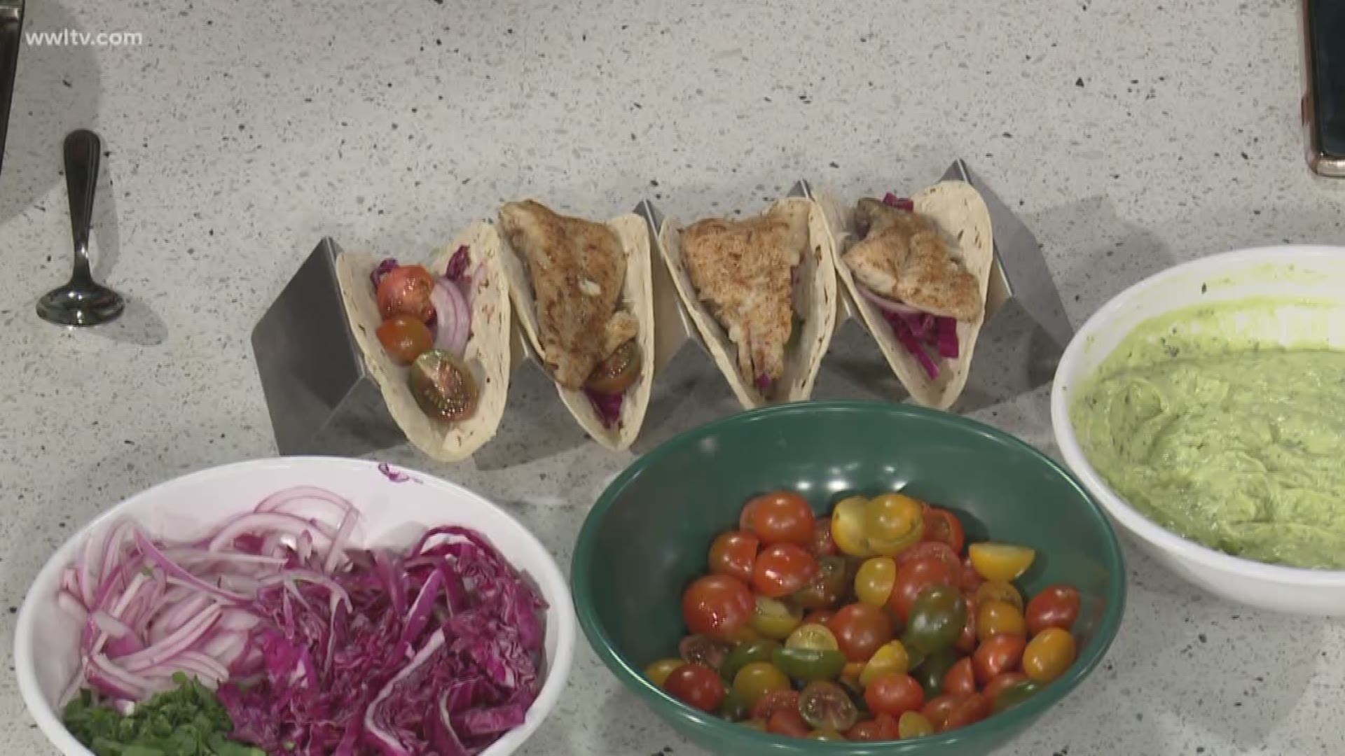 Chef Kevin Belton's fish tacos and creamy avocado sauce