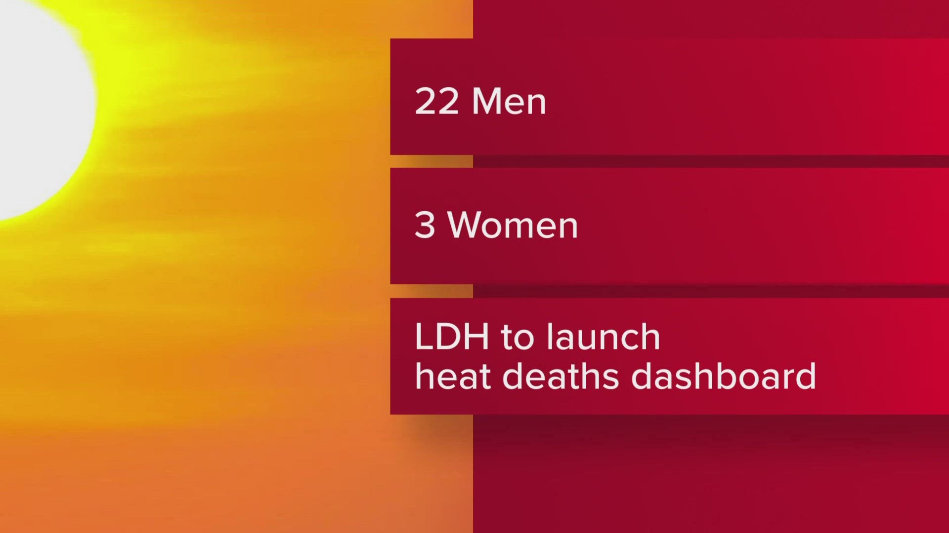 The Louisiana Department of Health says 25 people have died due to heat-related illness in the months of June, July, and August.