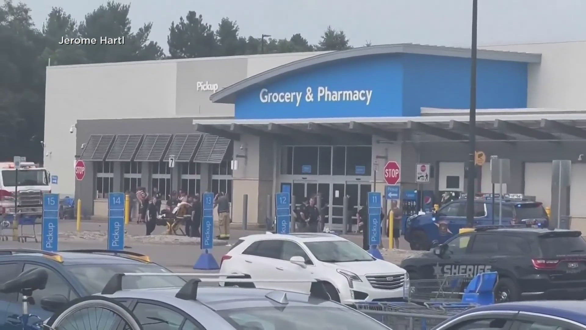 A 42-year-old man is accused of stabbing 11 people with a folding knife near the checkout area in what police describe as random attacks.