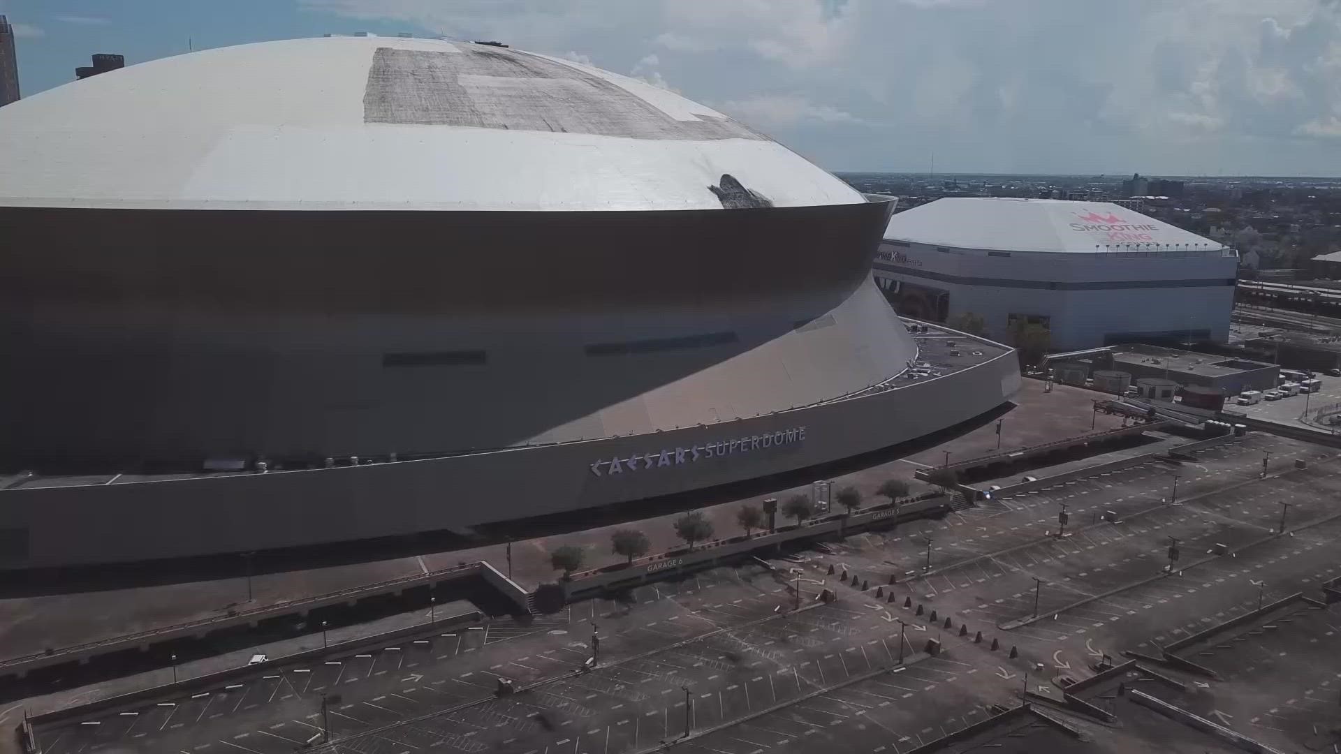 Drone video shows where the Superdome roof caught fire Tuesday afternoon.