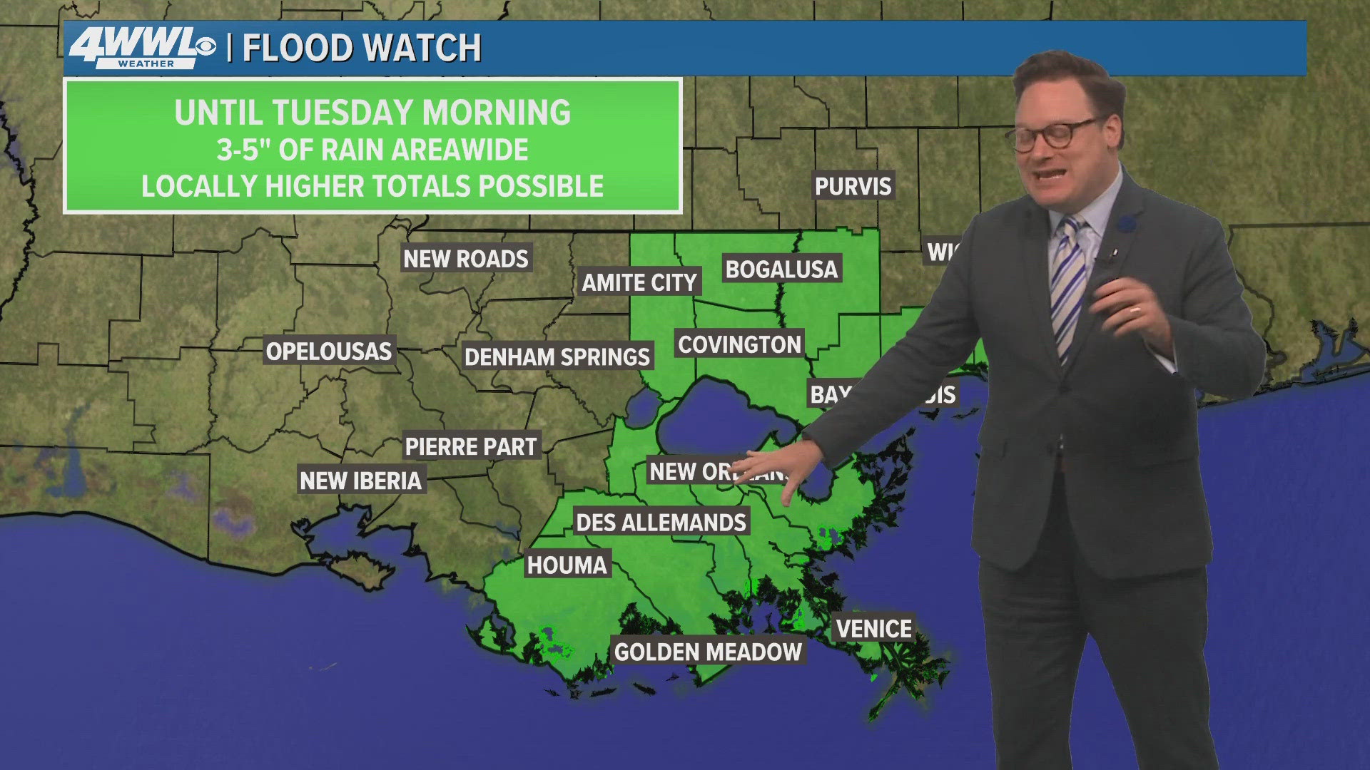 WWL Louisiana Chief Meteorologist Chris Franklin with the latest New Orleans-area forecast calling for heavy rain, possible street flooding until Tuesday morning.