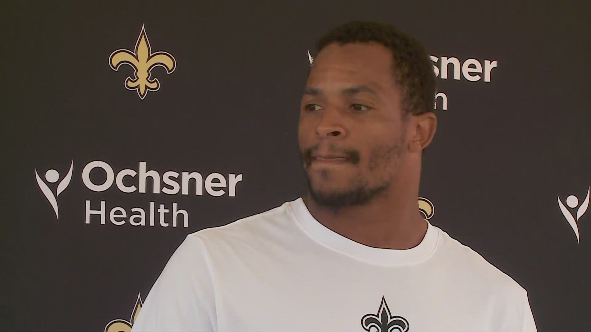 Saints safety Johnathan Abram talks with media following practice on Day 7 from the 2024 team training camp at UC-Irvine in California on Wednesday, July 31.