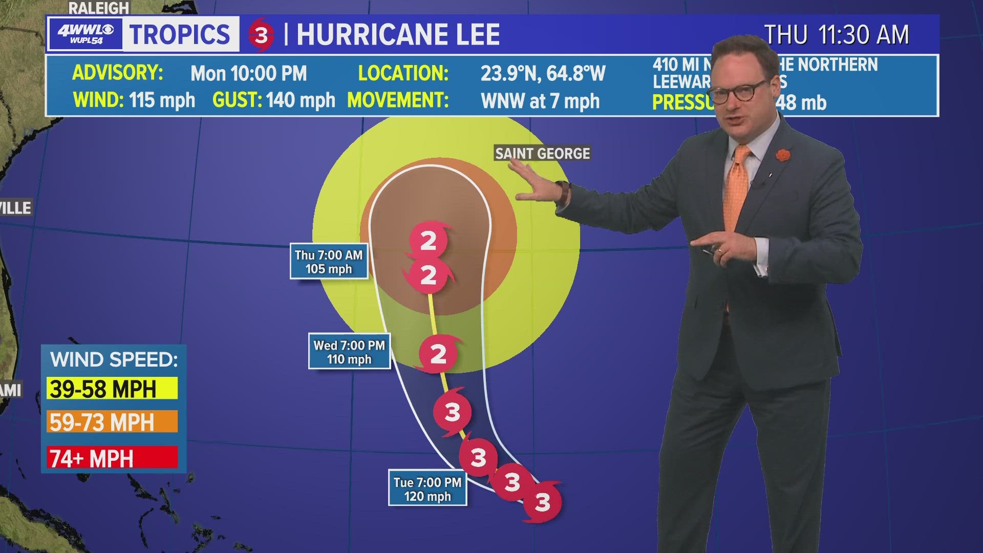 WWL-TV Chief Meteorologist Chris Franklin with the latest on Hurricane Lee and the local New Orleans forecast on Eyewitness News at 10 p.m. on Monday, Sept. 11, 2023