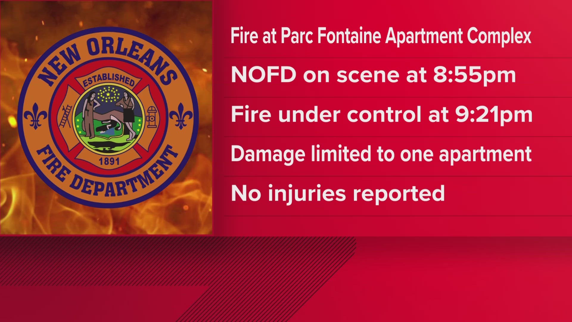 According to the New Orleans Fire Department, fire crews arrived on the scene at 8:55 pm to find a fire at an apartment in the 3100 block of Rue Parc Fontaine.