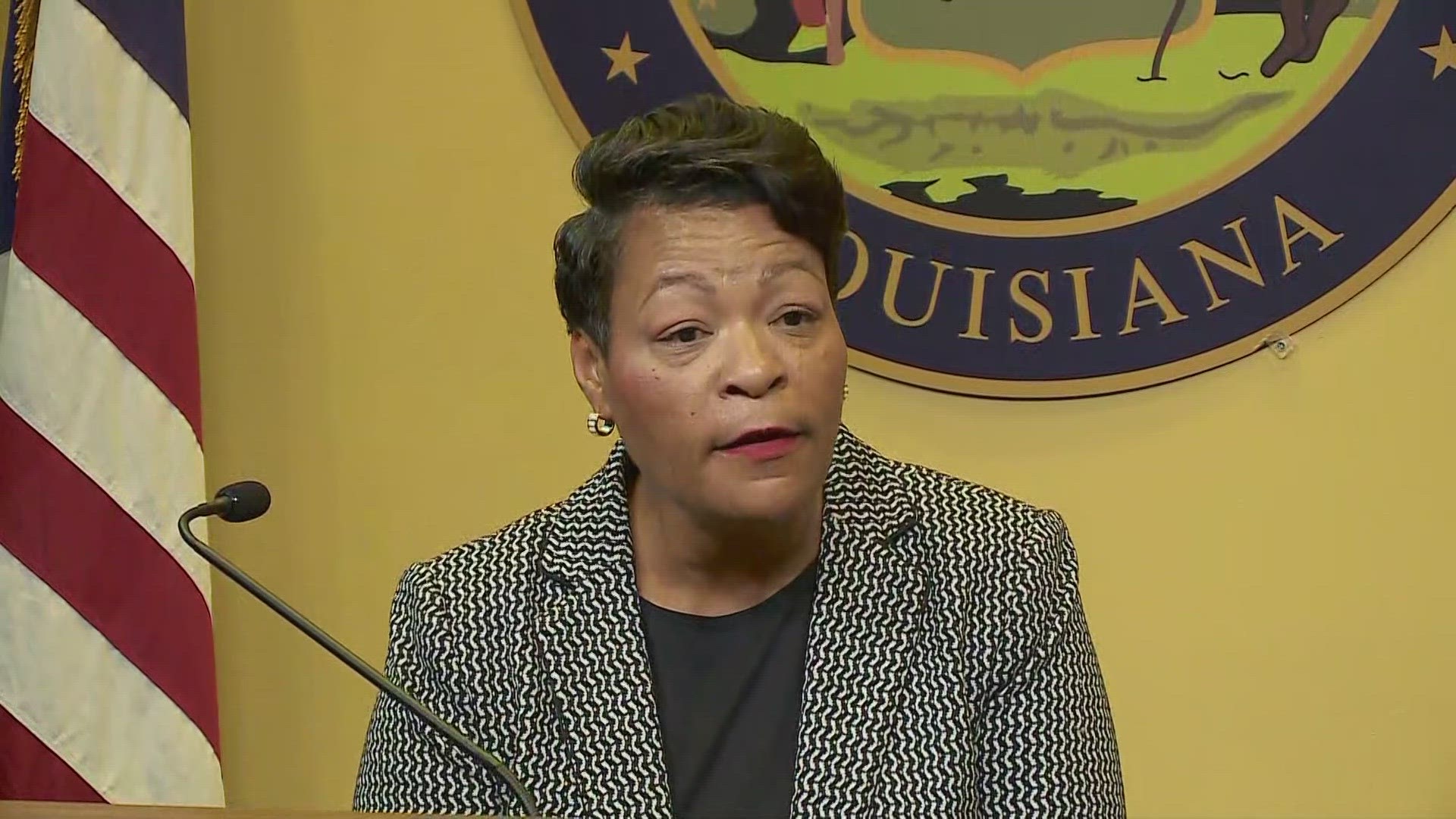 Two weeks after the death of her husband, Jason Cantrell, New Orleans Mayor LaToya Cantrell holds her first weekly press conference at City Hall on Wed., Aug. 30.