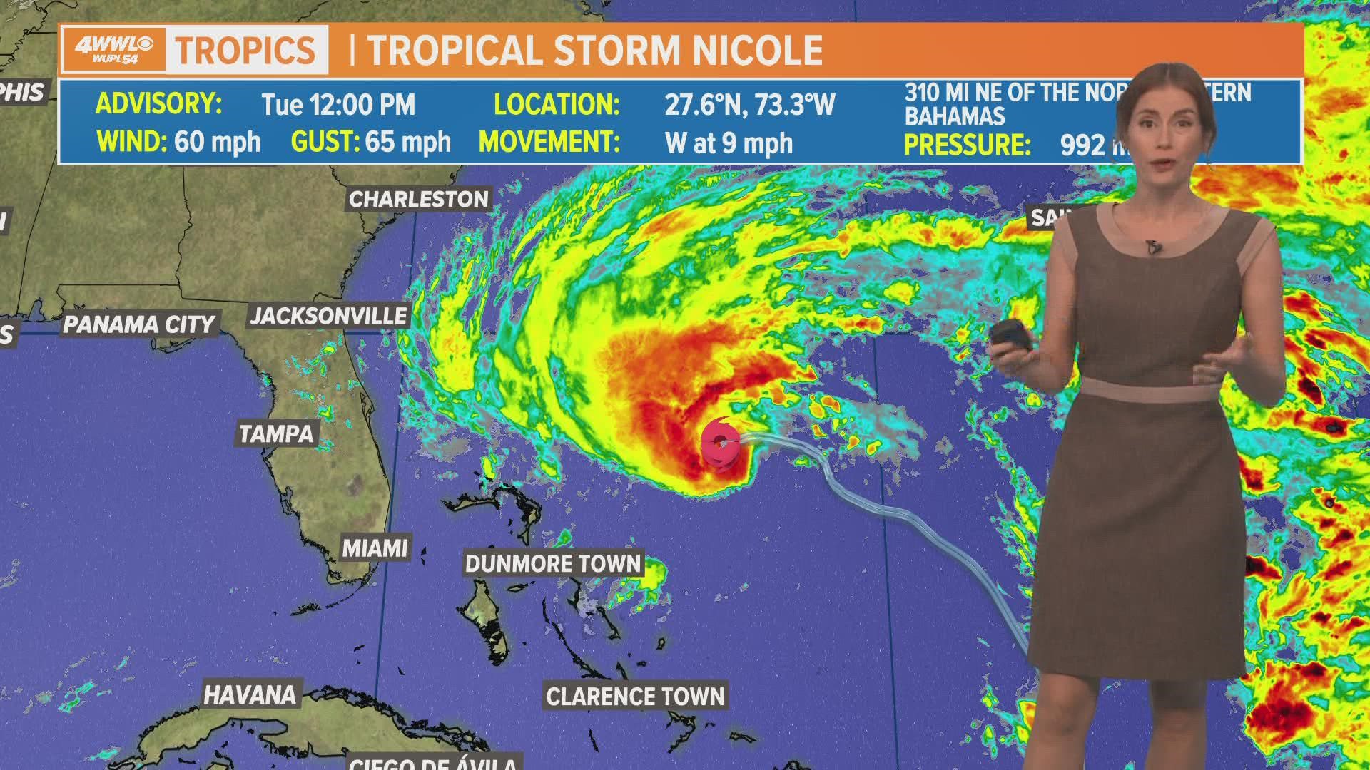 Nicole is now a fully tropical storm and should strengthen into a hurricane before a strike on Florida midweek.