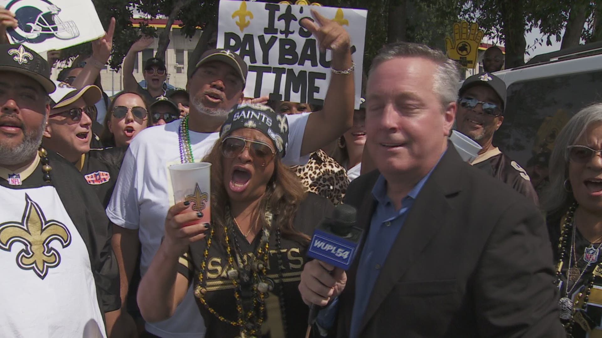 Saints fans are hosting a party in L.A. ahead of their rematch against the Rams. Kickoff starts at 3:25 p.m.