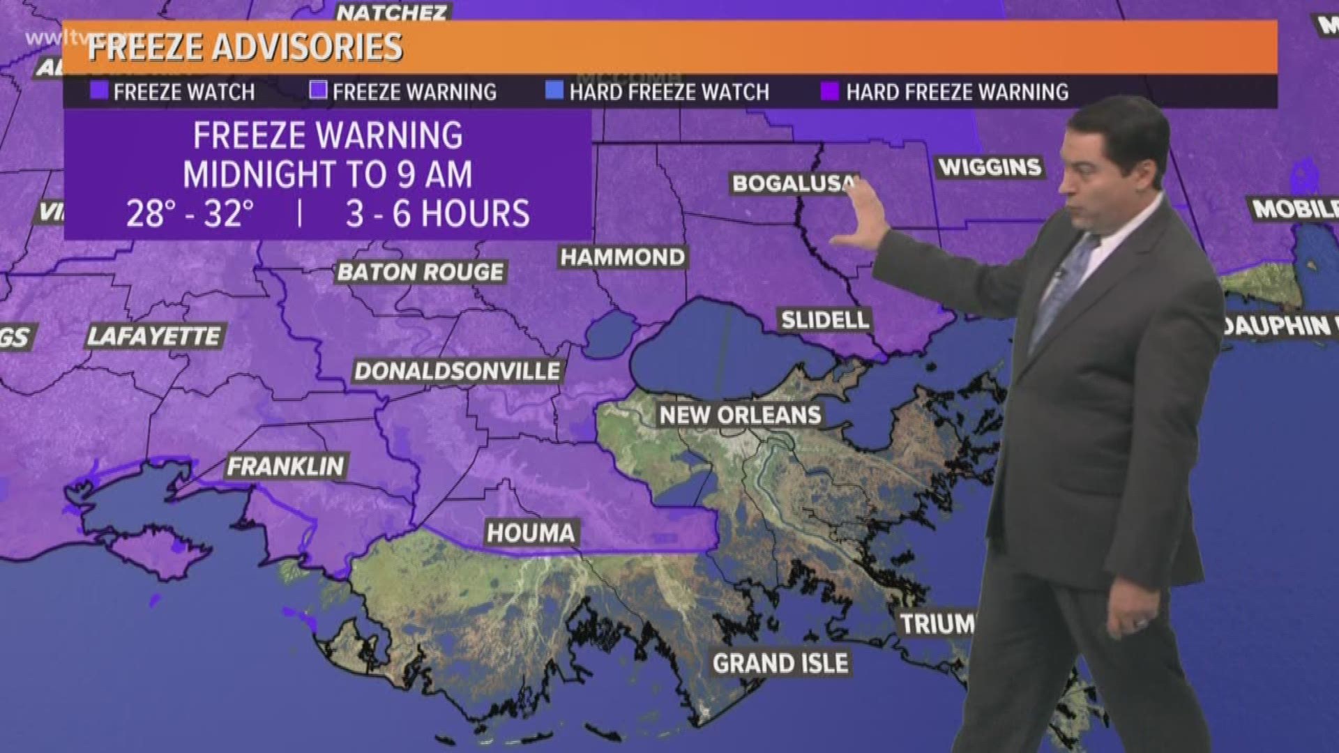 A cold front has ushered the coldest air of the season into Southeast Louisiana and Southern Mississippi. Clear skies Wednesday night will allow for temperatures to fall near or below freezing across much of the area.