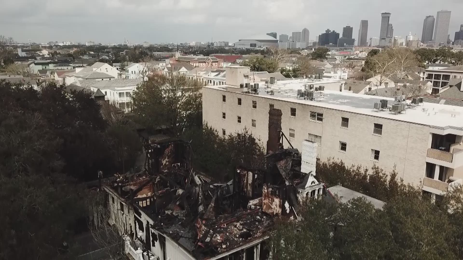 Drone footage shows some of the extent of the damage to the home at 2525 St. Charles Avenue after the 7-alarm fire Wednesday.
