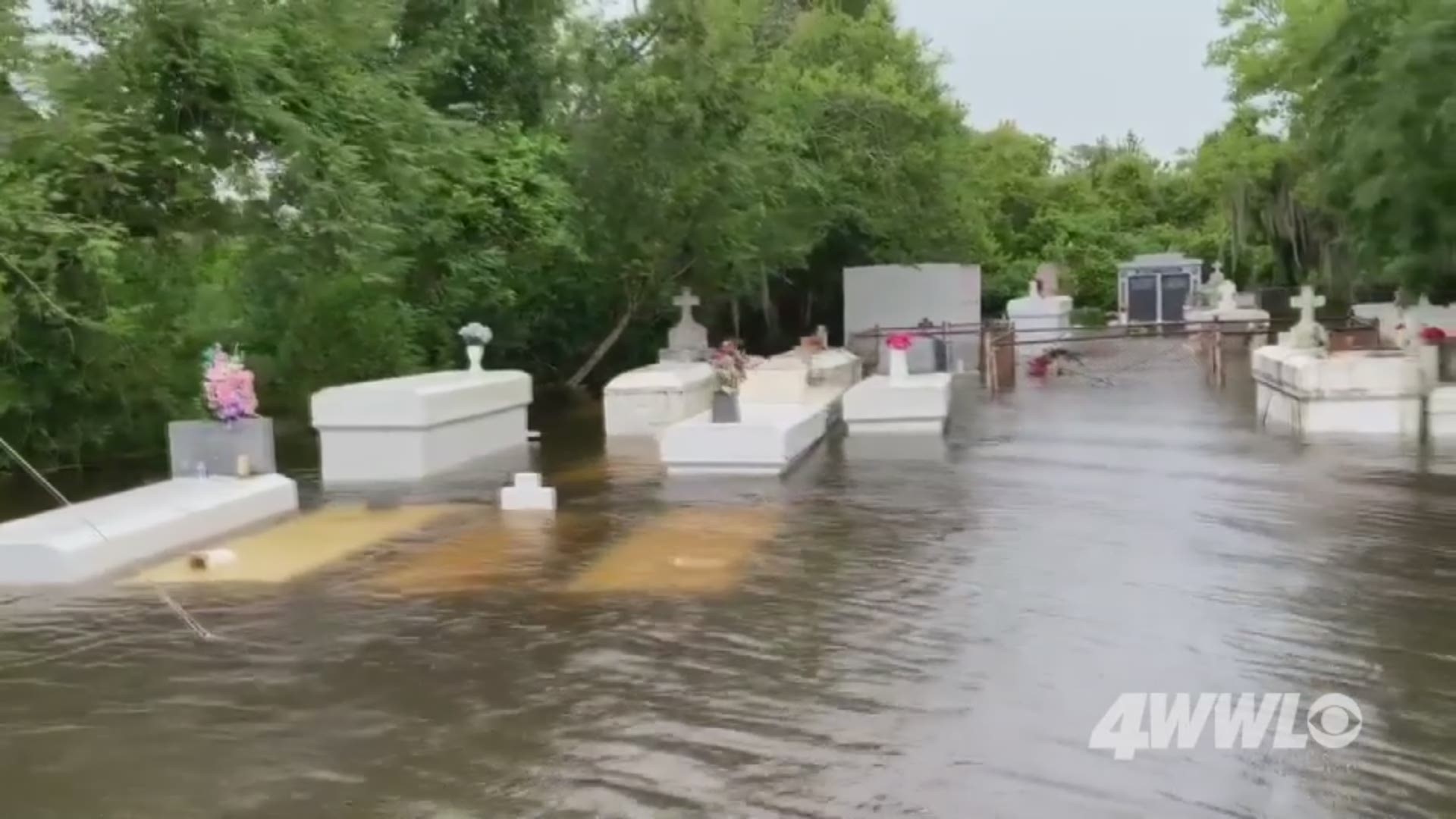 The Coulon Cemetery in lower Lafitte is covered in Barry's flood waters.