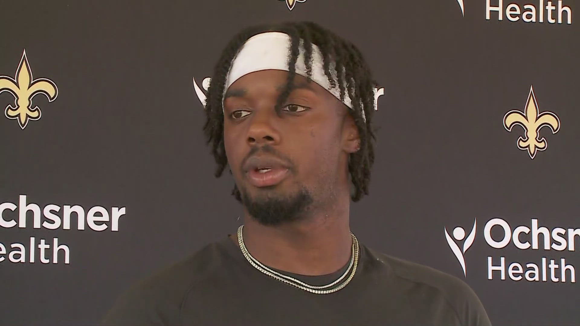 Saints cornerback Paulson Adebo addresses media following Day 5 of the team's training camp at UC-Irvine in California on Monday, July 29, 2024.