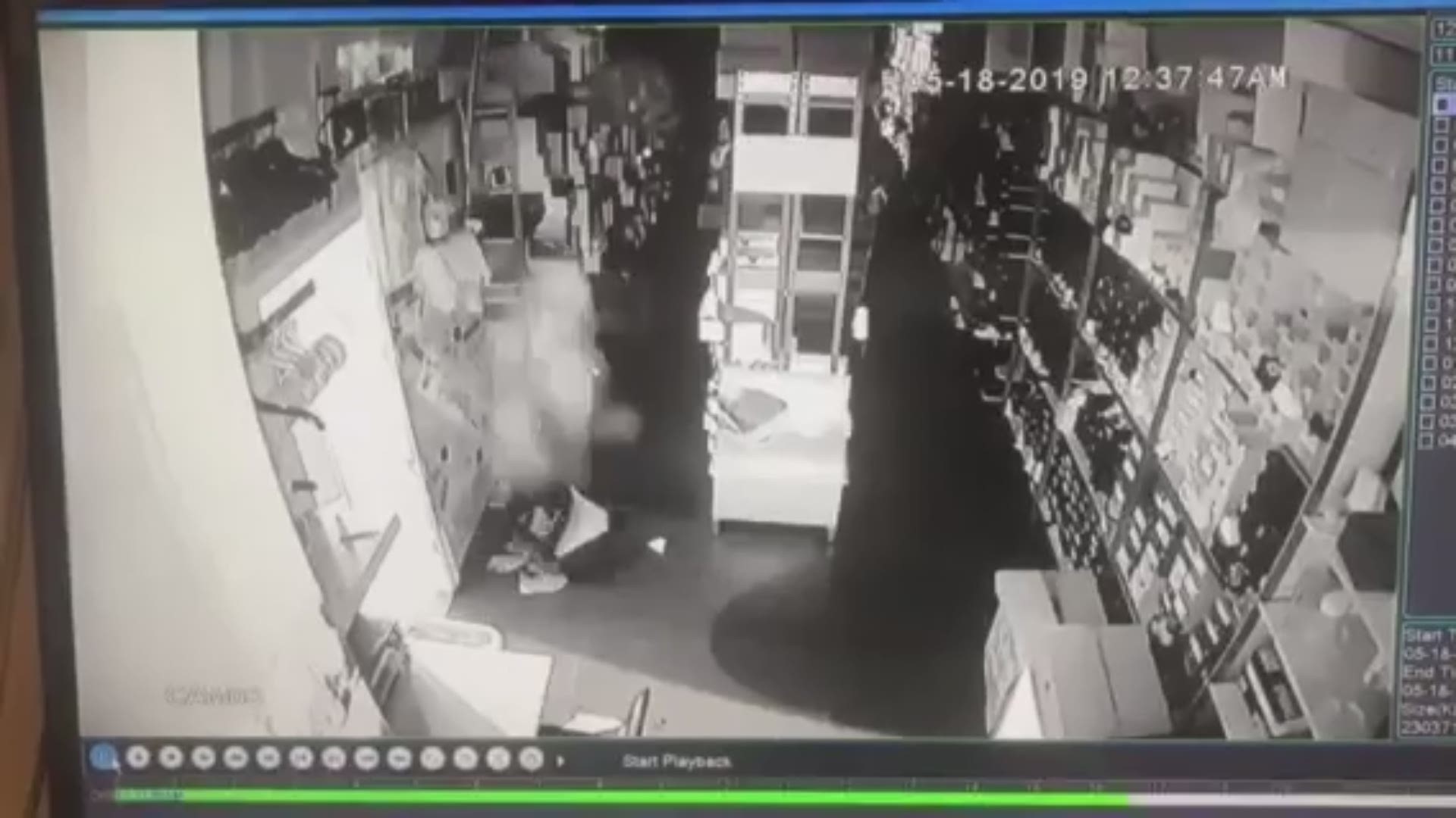 Surveillance video obtained by NOPD shows three unidentified male burglars break in through the ceiling of the Elite Sports store located on Gentilly Boulevard on May 18, just after midnight.