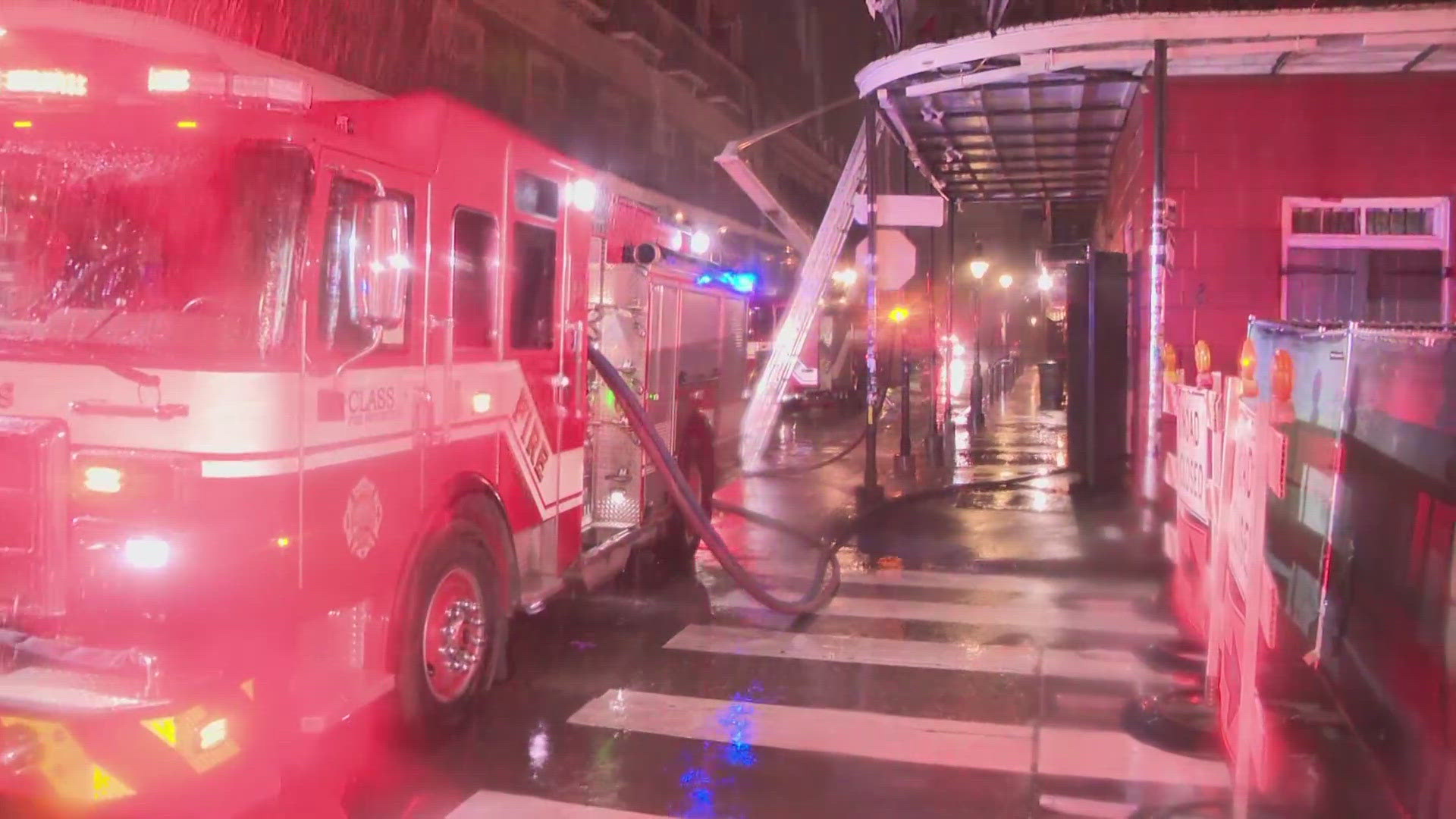 The fire happened at the intersection of Bourbon and Orleans as heavy rain poured. It took fire crews just more than an hour to get it under control.