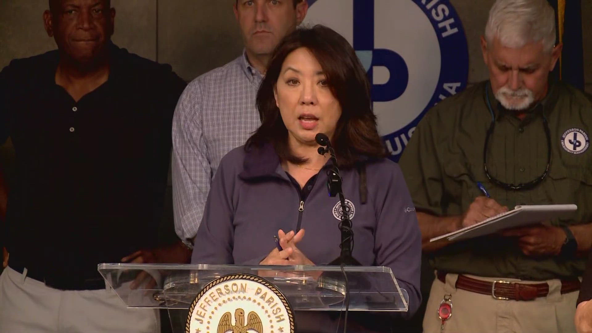 Jefferson Parish President Cynthia Lee Sheng joins other parish officials for a press conference on Tropical Storm Francine preparations.