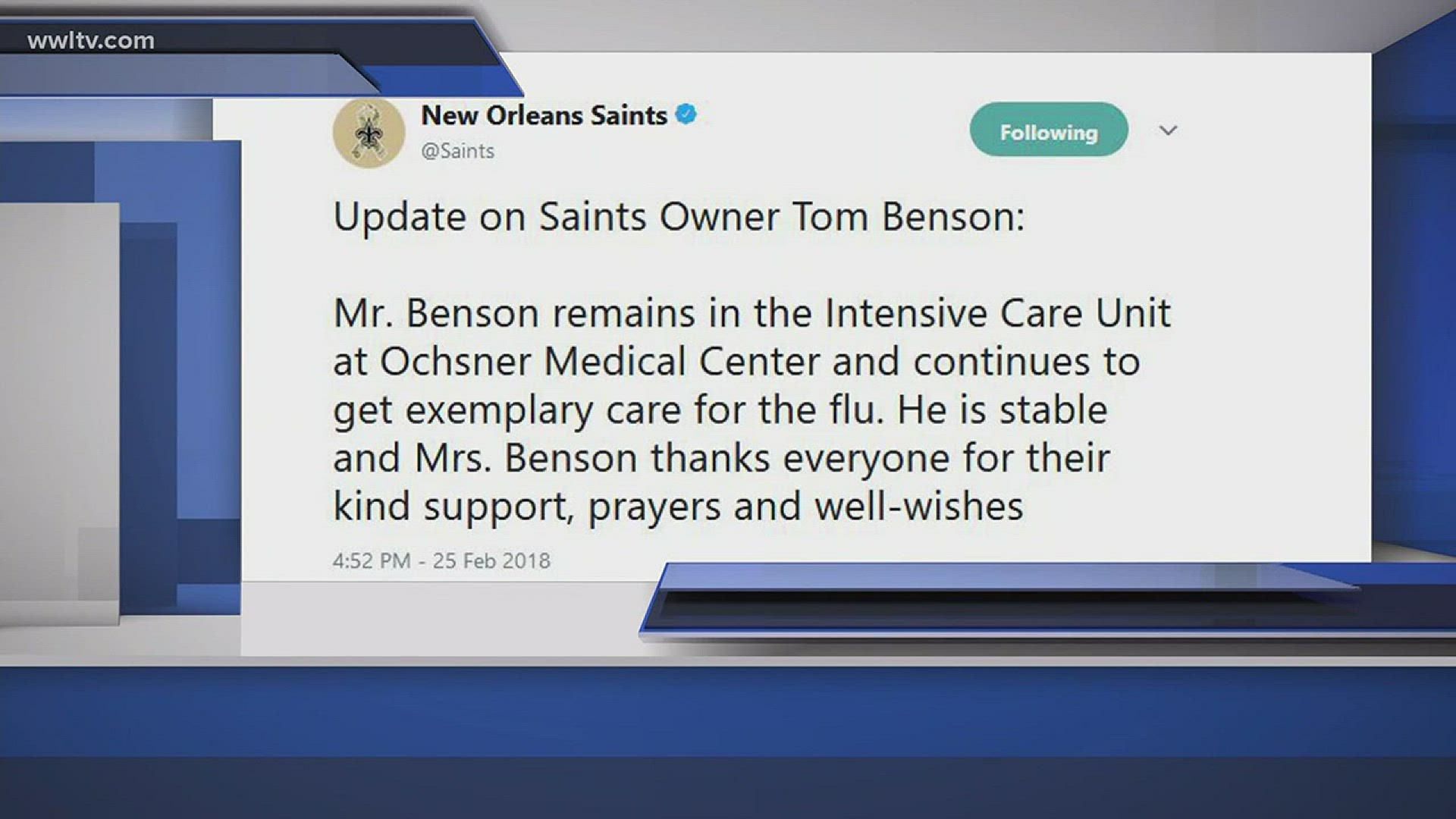Benson, who turned 90 in July, was admitted in the ICU with flu-like symptoms on Wednesday.