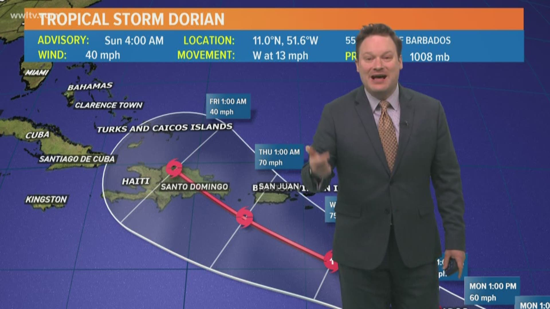 Tropical Storm Dorian is expected to become a hurricane as it approaches Puerto Rico. Most of the top models do have it weakening after that.