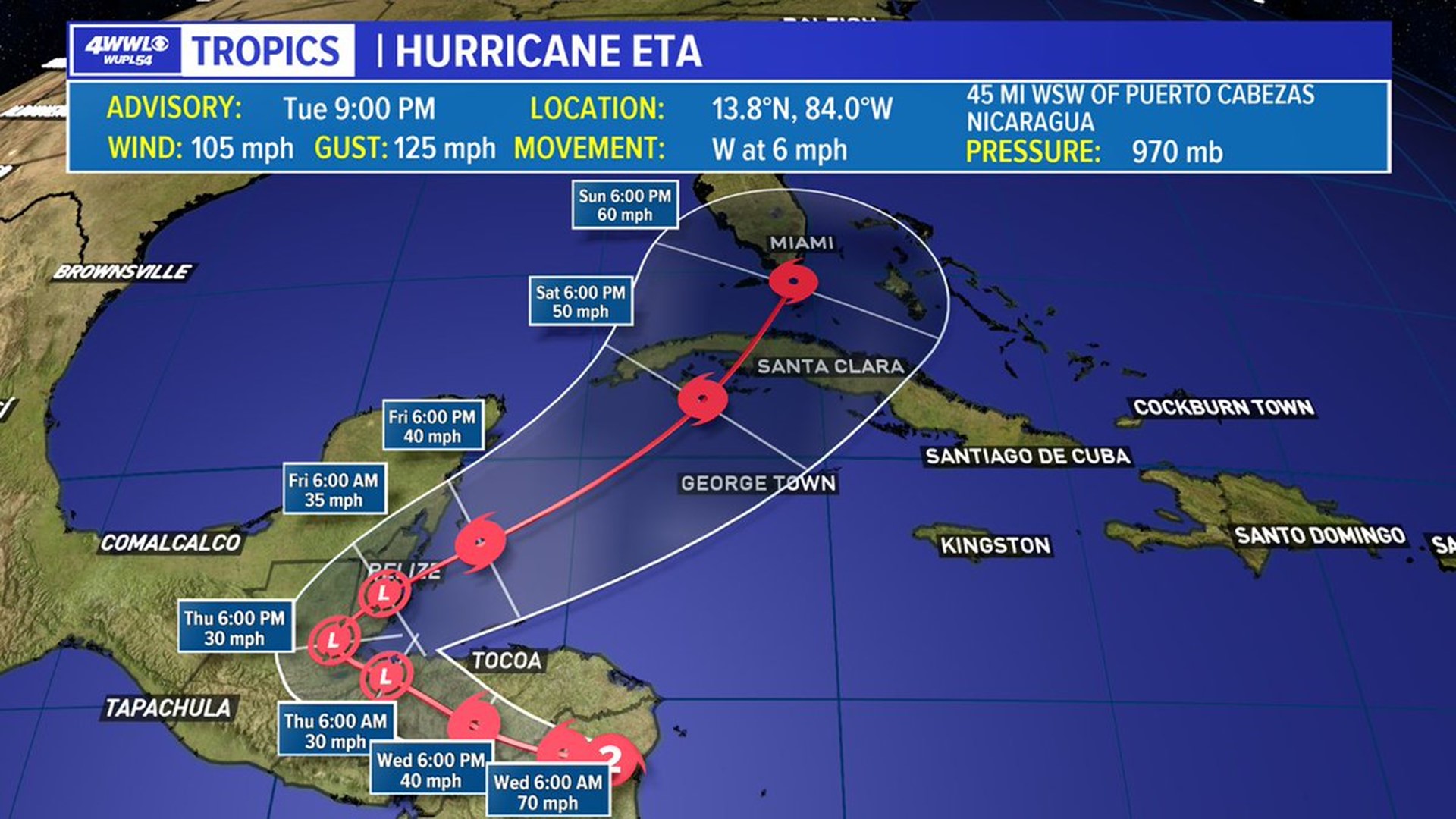 Hurricane Eta is a Category 2 storm that is making its way to the Caribbean but is expected to weaken.