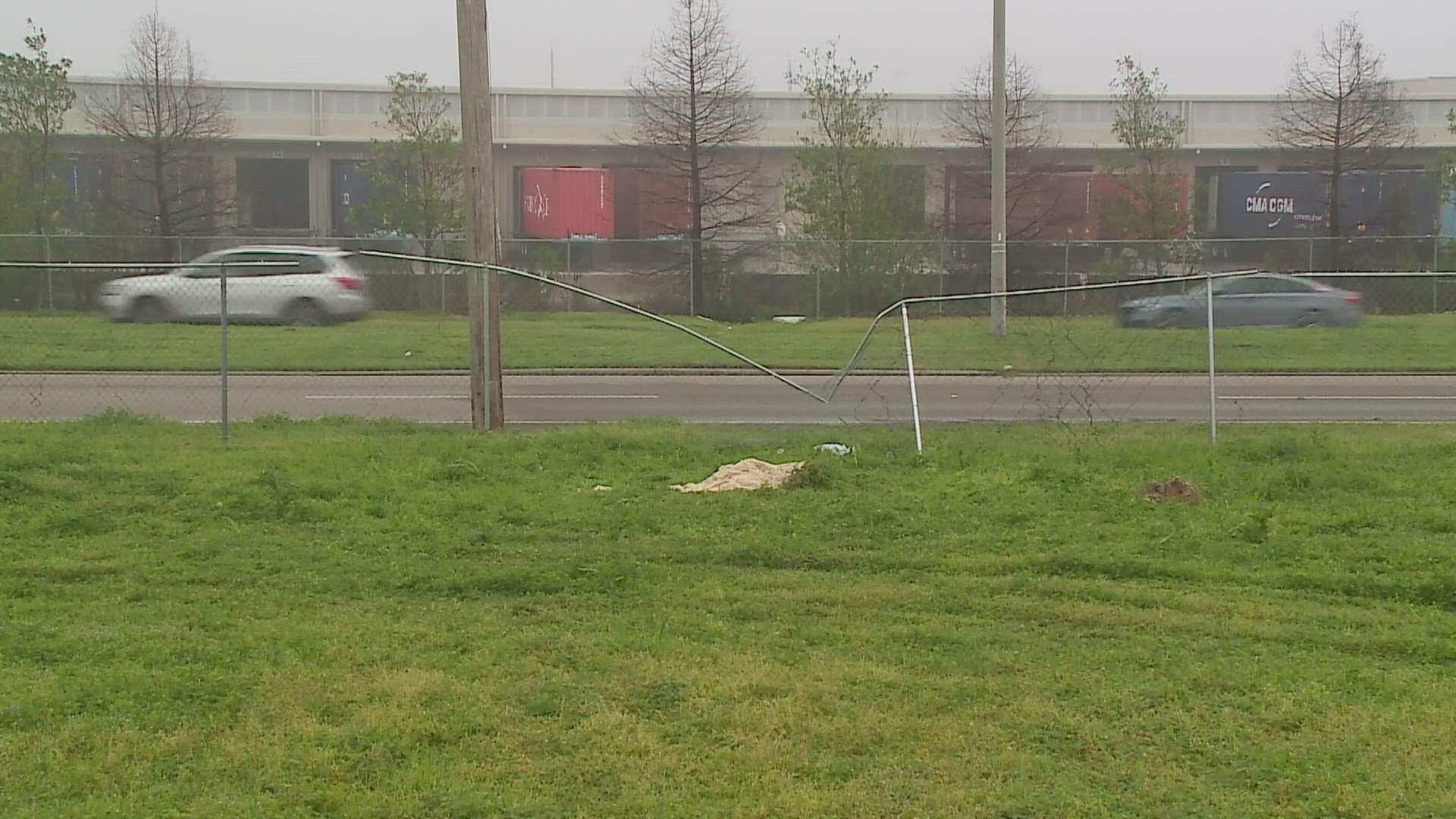 Someone cut down an Entergy utility pole with a chainsaw.