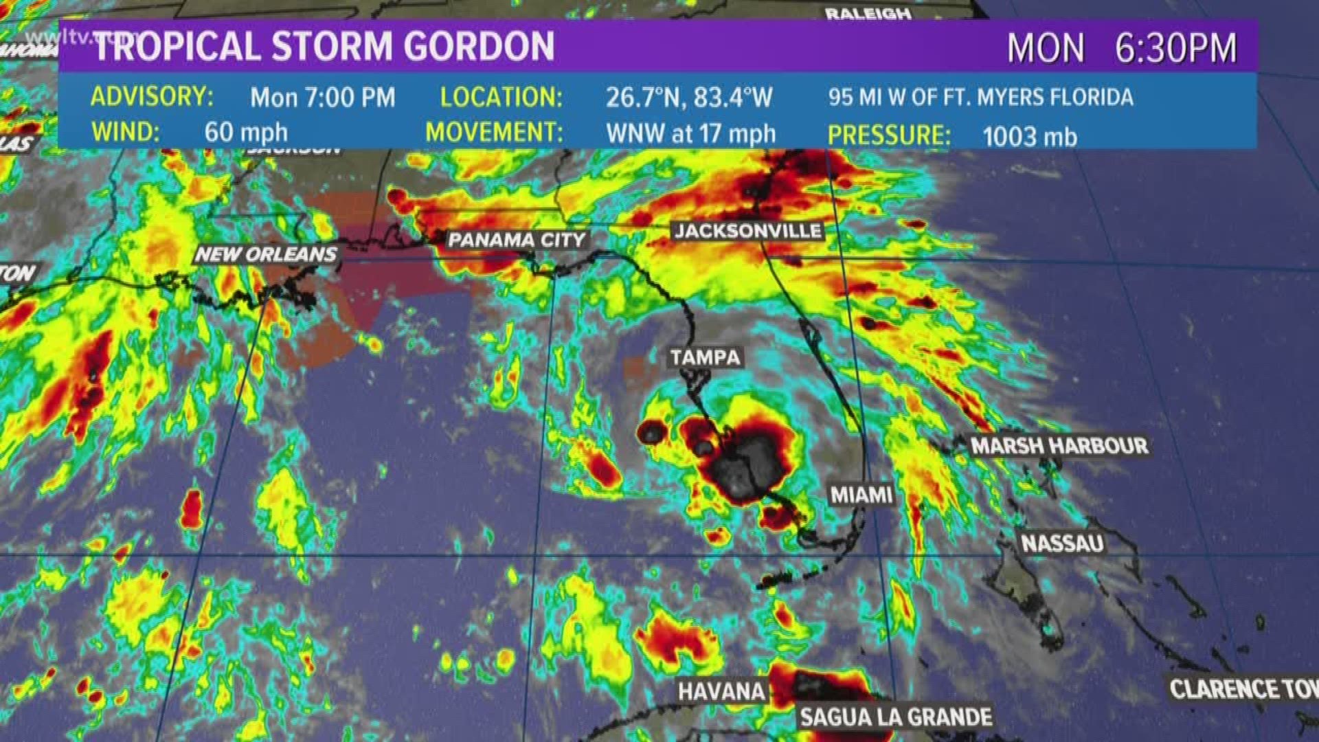 Tropical Storm Gordon has strengthened to 60 mph winds and is still projected to be a Cat. 1 hurricane by landfall. 