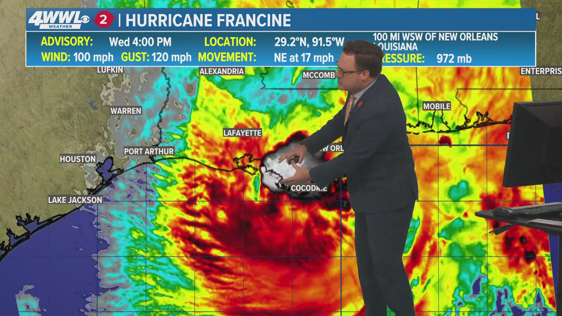 Hurricane Francine is a Category 2 with 100 mph winds just before landfall in Terrebonne Parish.