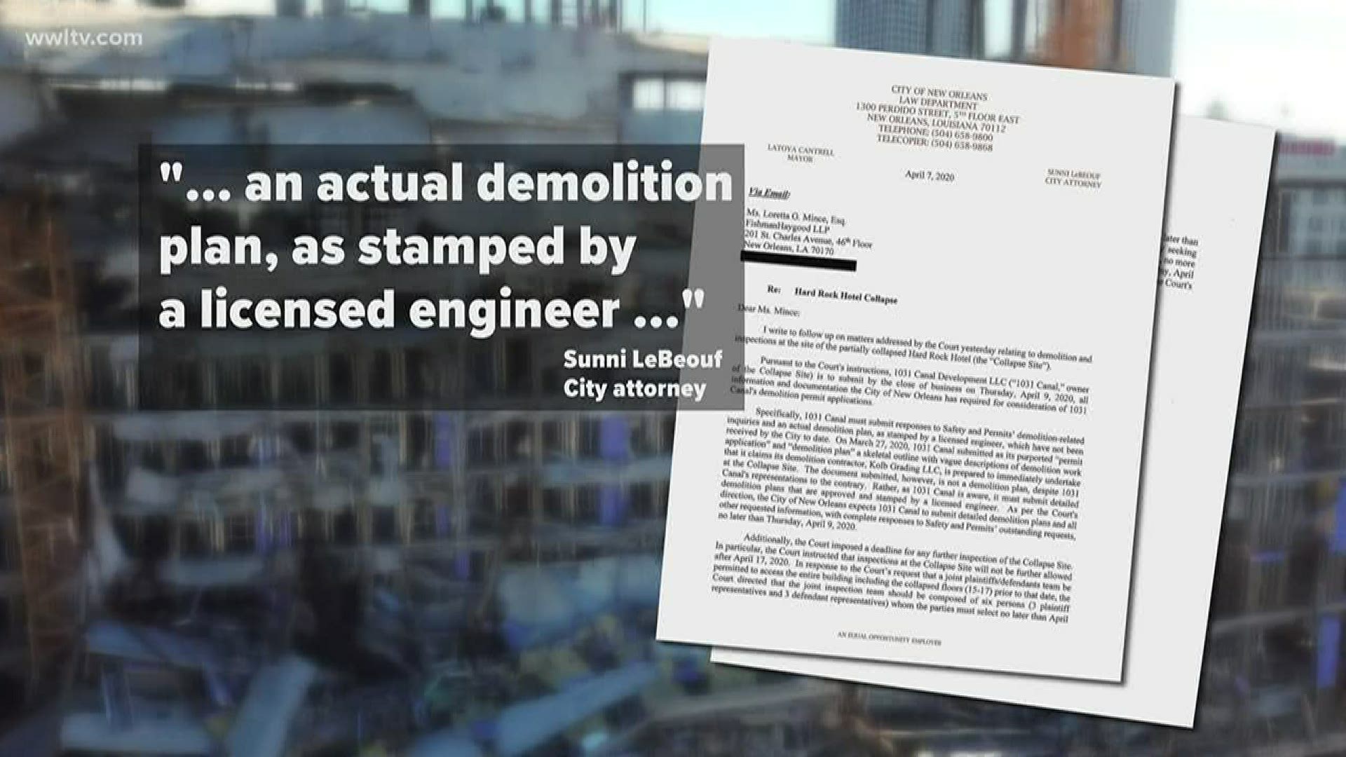 In a letter obtained by Eyewitness News, city attorney Sunni LeBeouf writes that 10-31 Canal Development must turn over "an actual demolition plan."