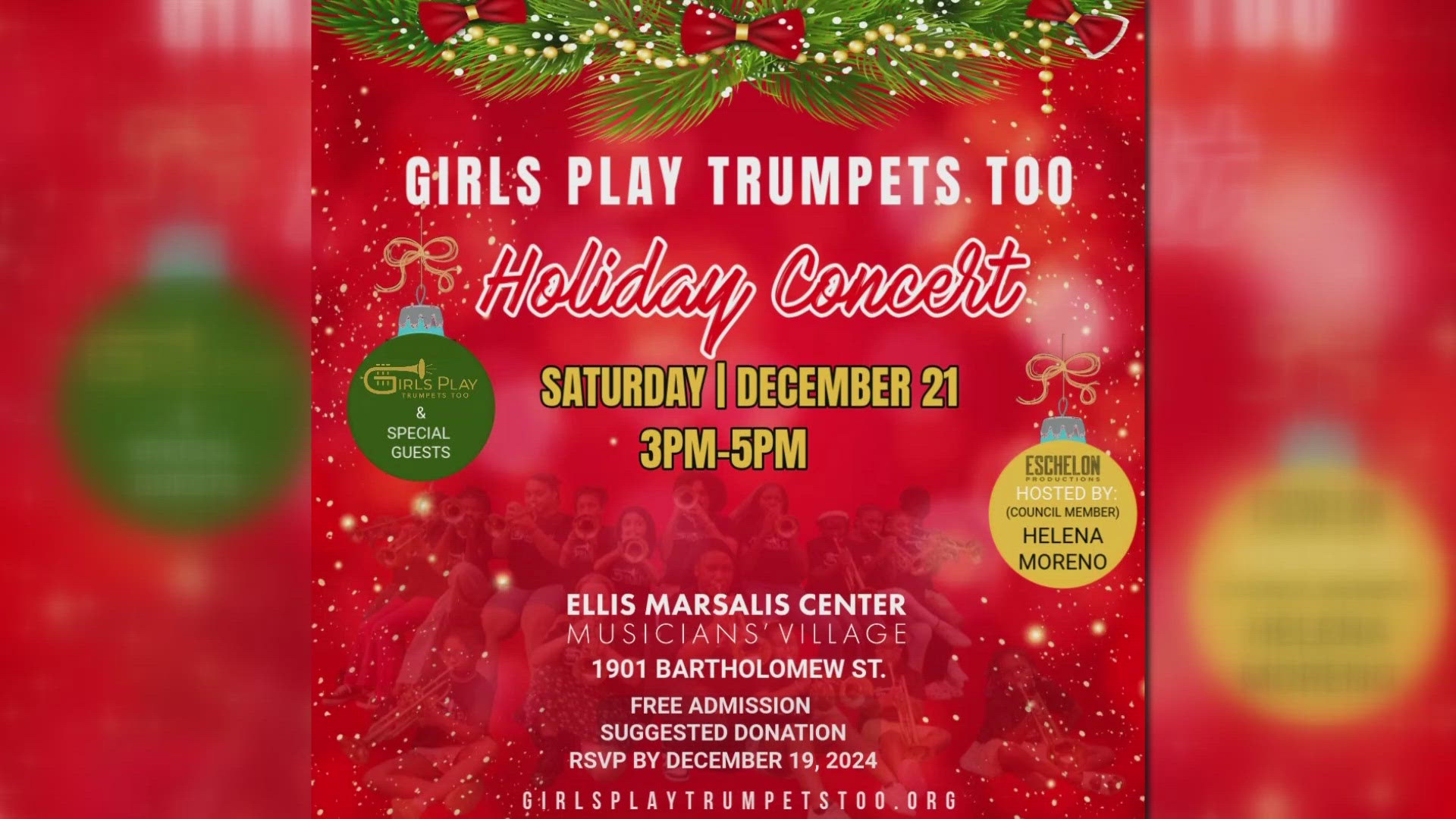 The event will take place on Saturday, December 21, 2024, from 3:00 PM to 5:00 PM at the Ellis Marsalis Center for Music, located at 1901 Bartholomew St., New Orlean