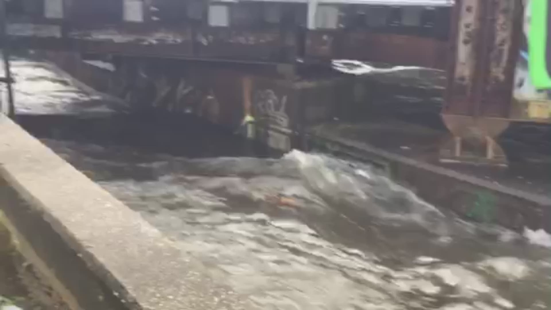 Viewer Bob Thornton sends this video of water rushing through the canal and the street blocked off due to high water near the Airline and Palmetto overpass.