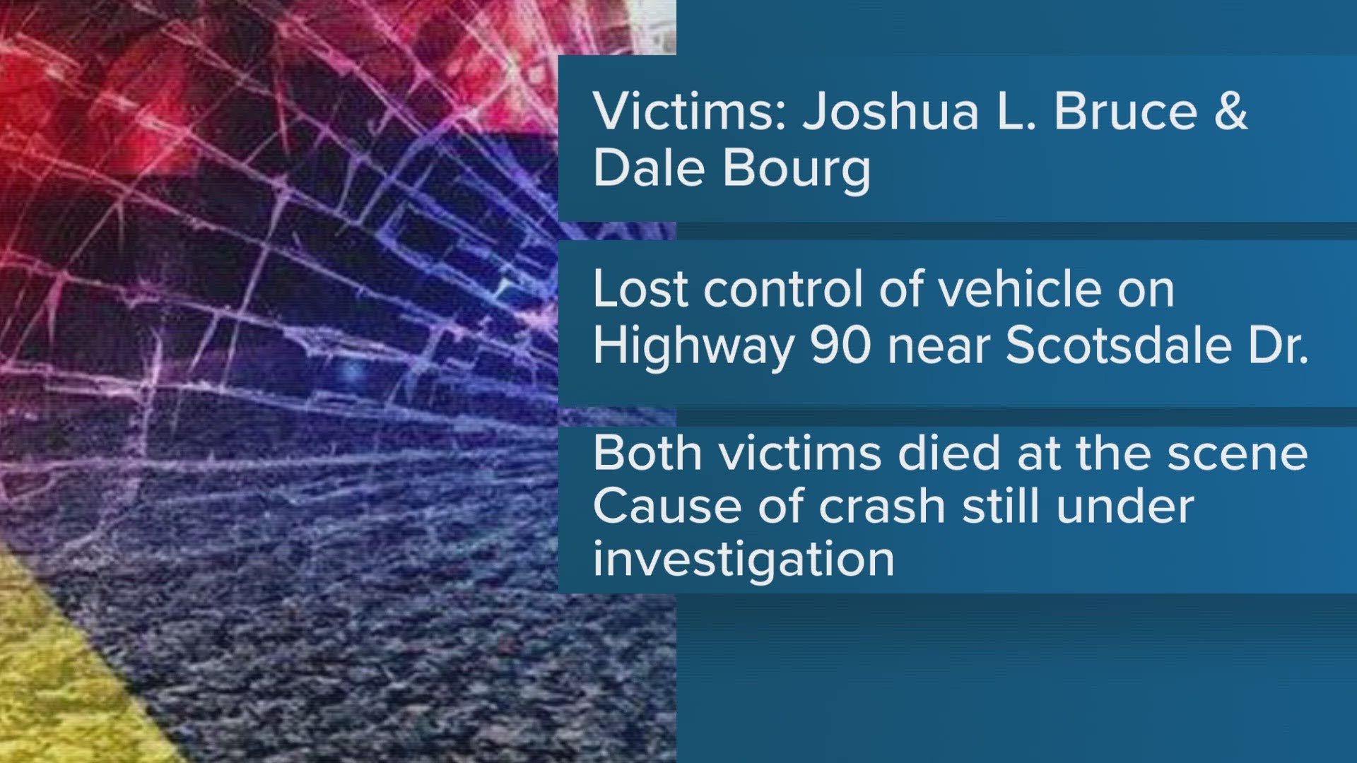 The crash happened on U.S. 90B near Scotsdale Drive. Joshua L. Bruce, 37, of New Orleans and Dale Bourg, 47, from Marrero were both killed while traveling together.