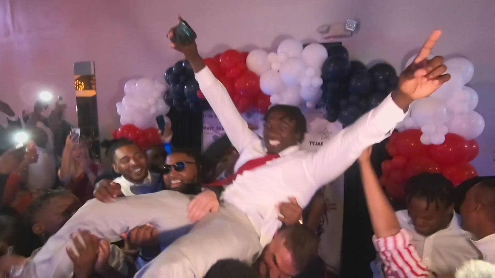 Tyjae Spears celebrated with family and friends as he was selected in the NFL Draft by the Tennessee Titans.