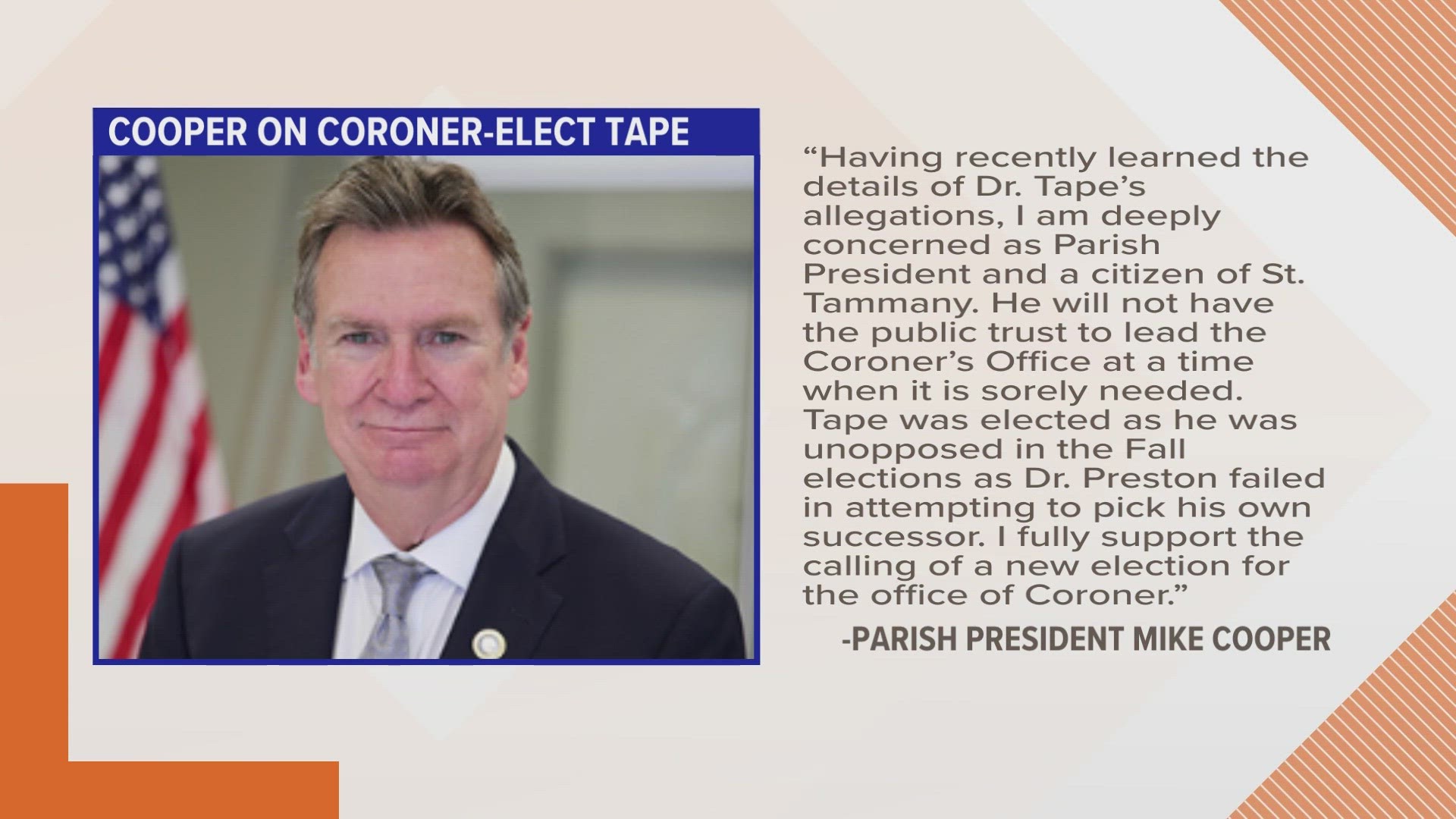 "I fully support the calling of a new election," President Mike Cooper said Friday after a council unanimously urged Christopher Tape to step down as coroner-elect.