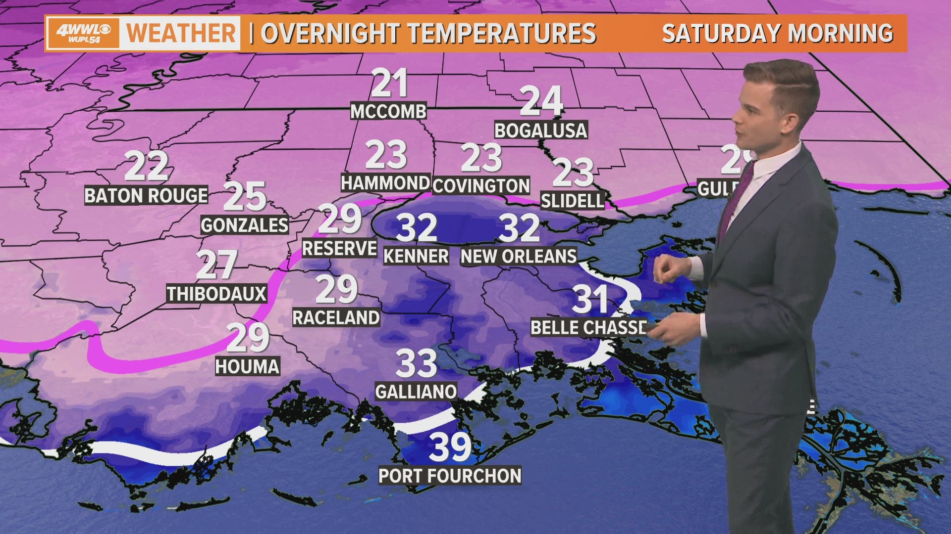 Northshore will see a hard freeze the next few nights, while New Orleans will drop to near 32 degrees.