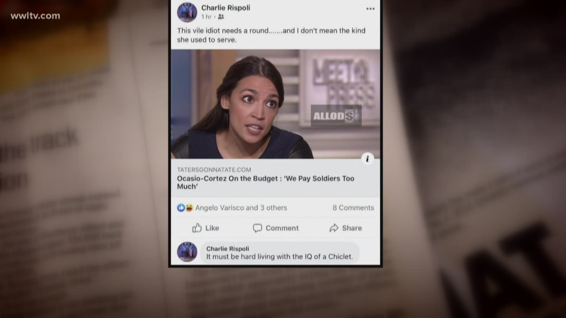 Two Gretna police officers were fired Monday in relation to a Facebook post that alluded to shooting U.S. Rep. Alexandria Ocasio-Cortez.
