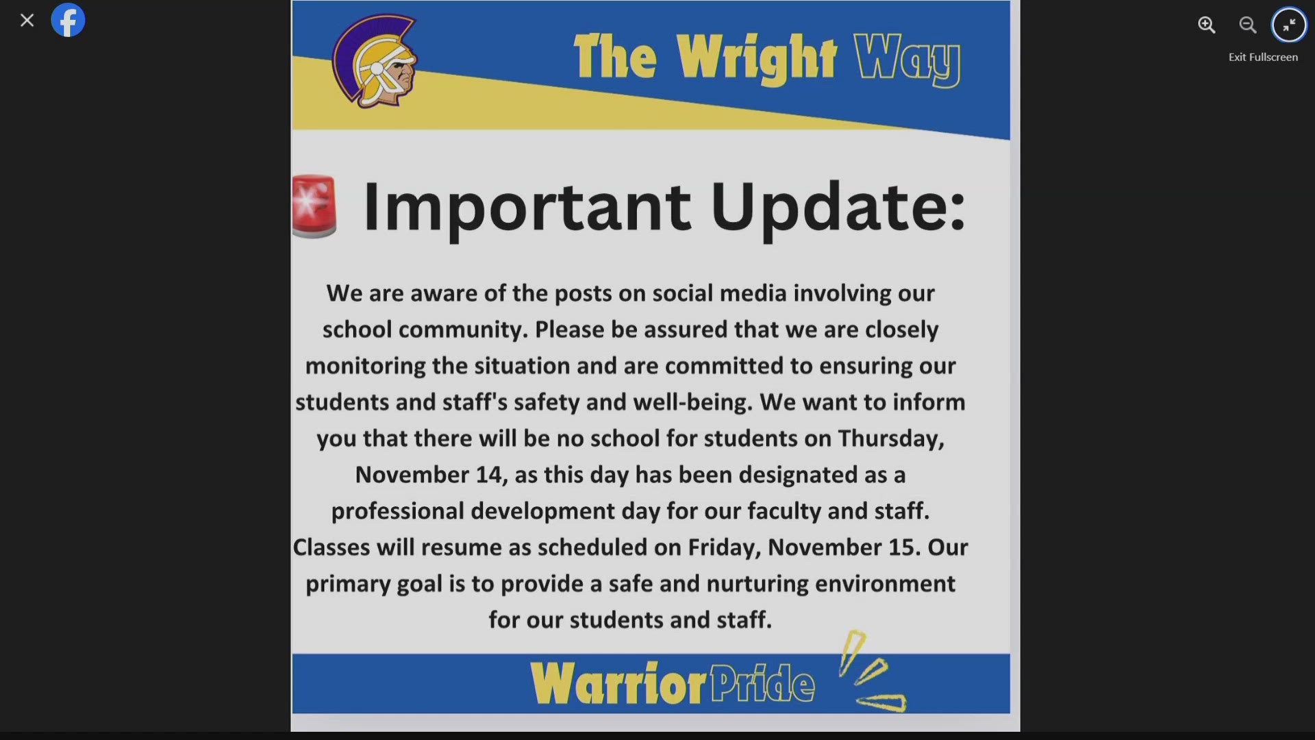 Classes will be canceled for students who attend the school on Thursday, Nov. 14, after social media posts threatened the safety of students and staff.