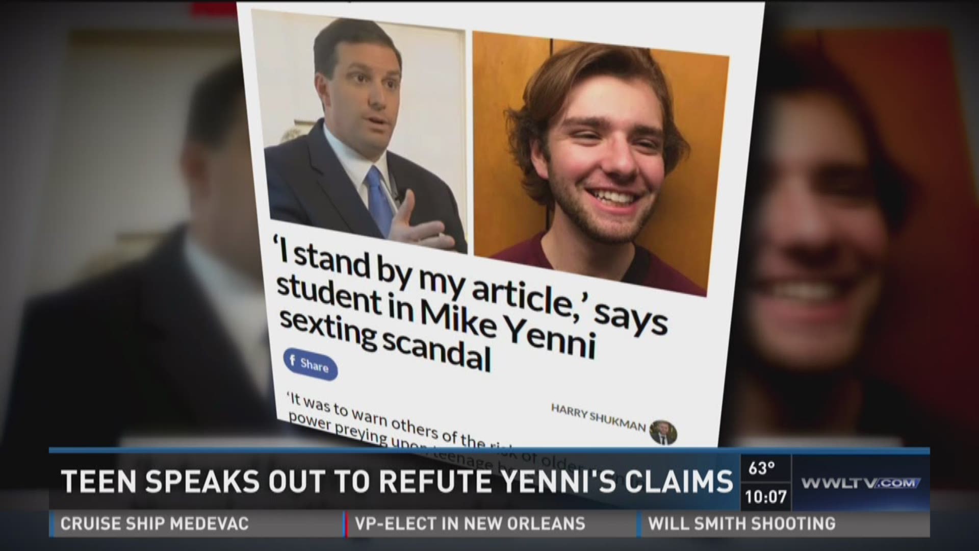 The teen who spoke anonymously to WWL-TV this summer about sexually explicit texts Mike Yenni sent him in 2015, has now put his name on a statement to refute recent comments by Yenni.