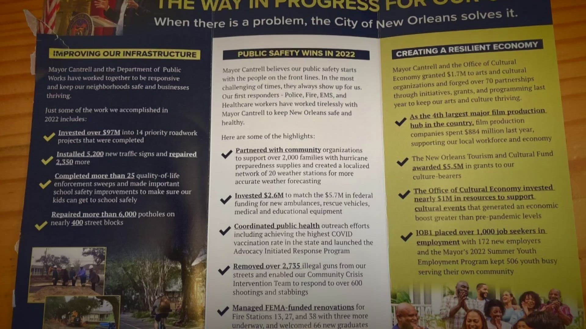 The flyer titled the ‘City of New Orleans: 2022Recap’ highlighted Mayor Latoya Cantrell’s successes in the areas of infrastructure, public safety, and the economy.
