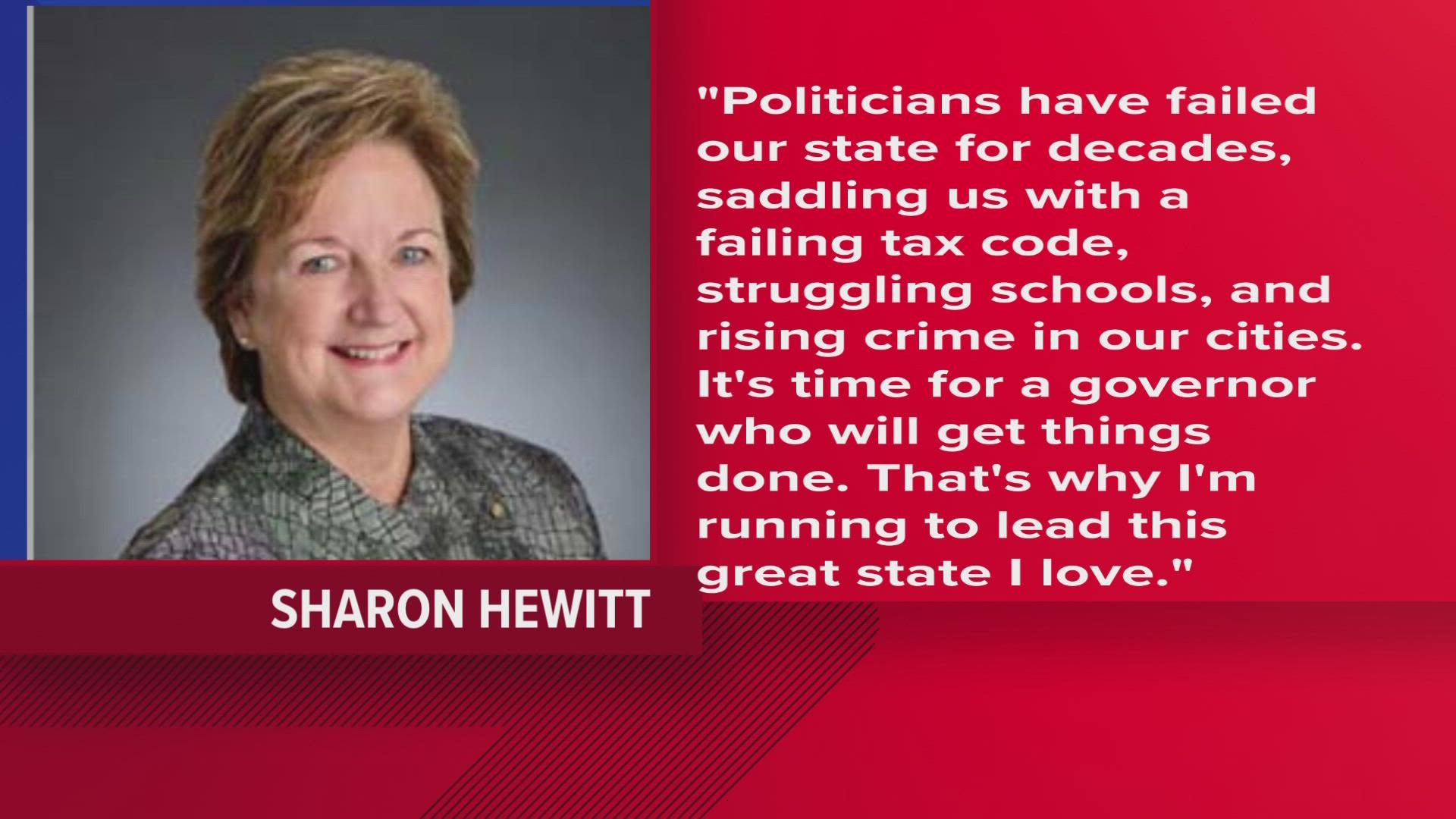 Sen. Sharon Hewitt joins race for state governor.