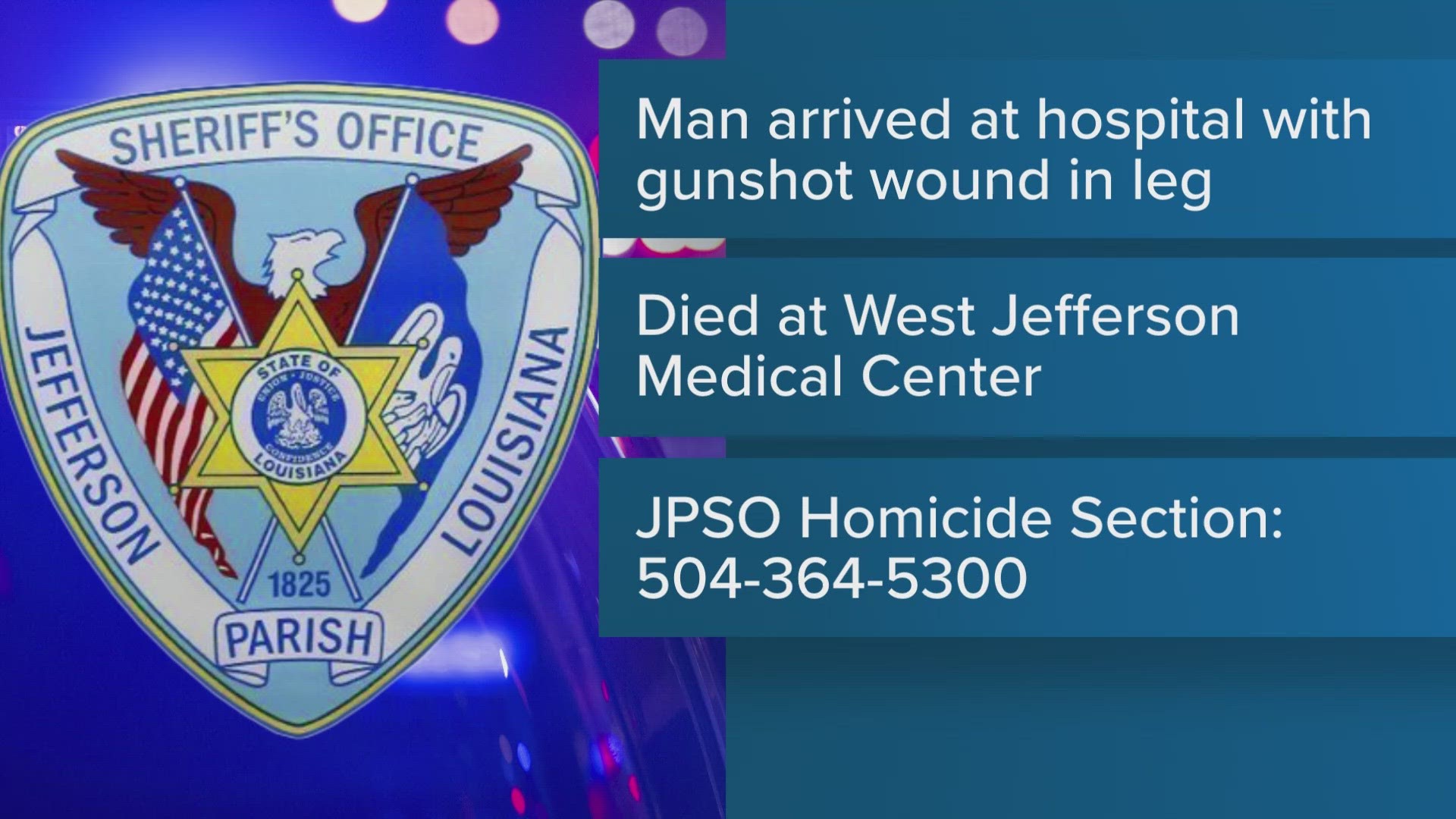 The victim arrived at the West Jefferson Medical Center suffering from a gunshot wound to the leg.