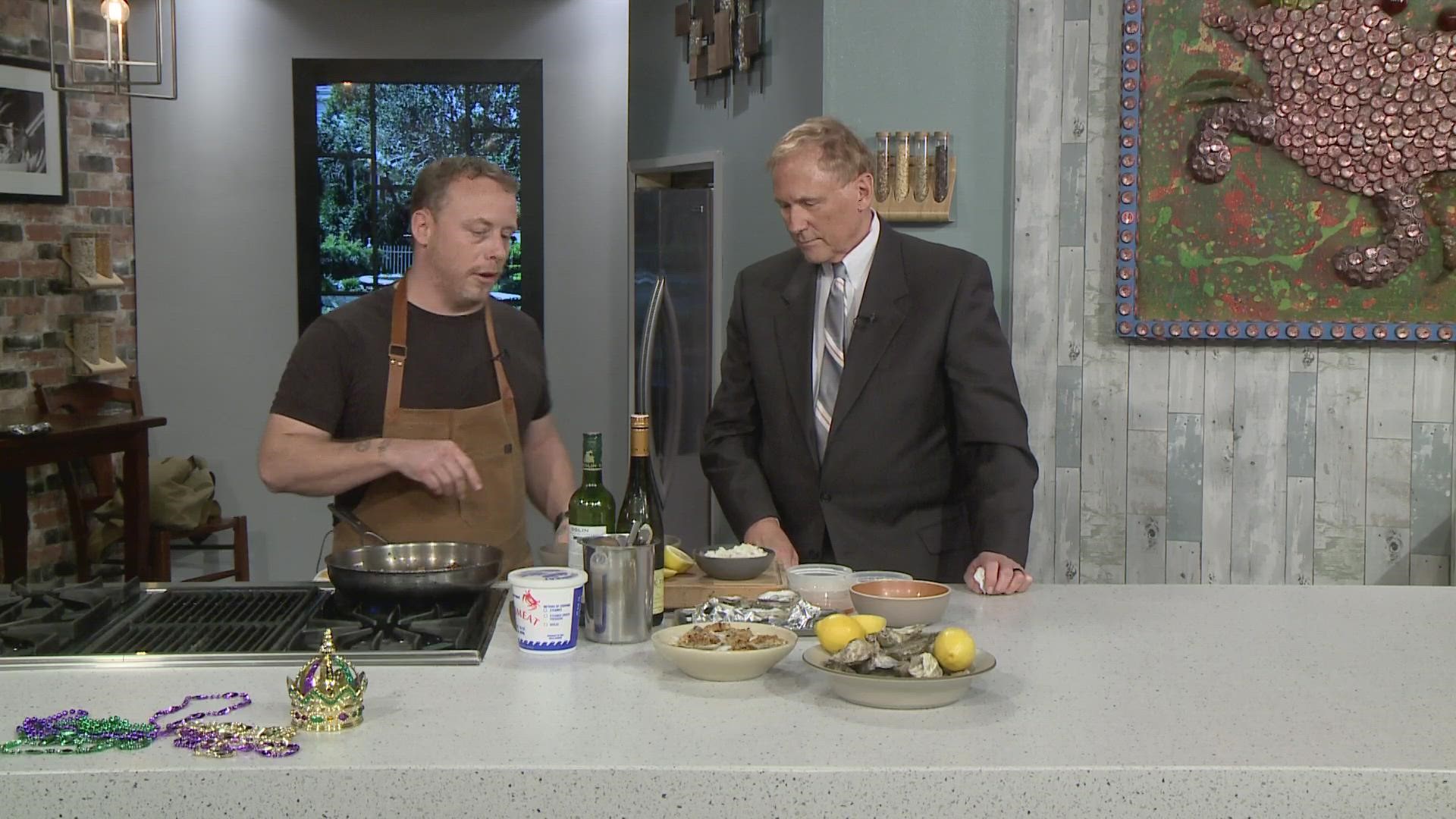 Chef Mike Stoltzfus from Coquette showing off their Oysters Casino recipe for Valentine's Day.