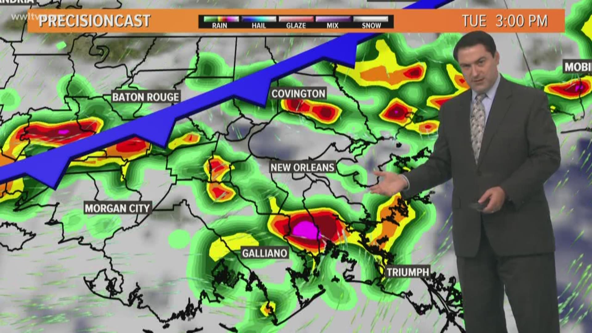 Meteorologist Dave Nussbaum says a rare July cold front will bring us storms with heavy rain today. Then it will become less humid the next few days as the front stalls in the Gulf. Plus, Dave says there is a chance a low could form along the front in the Gulf.