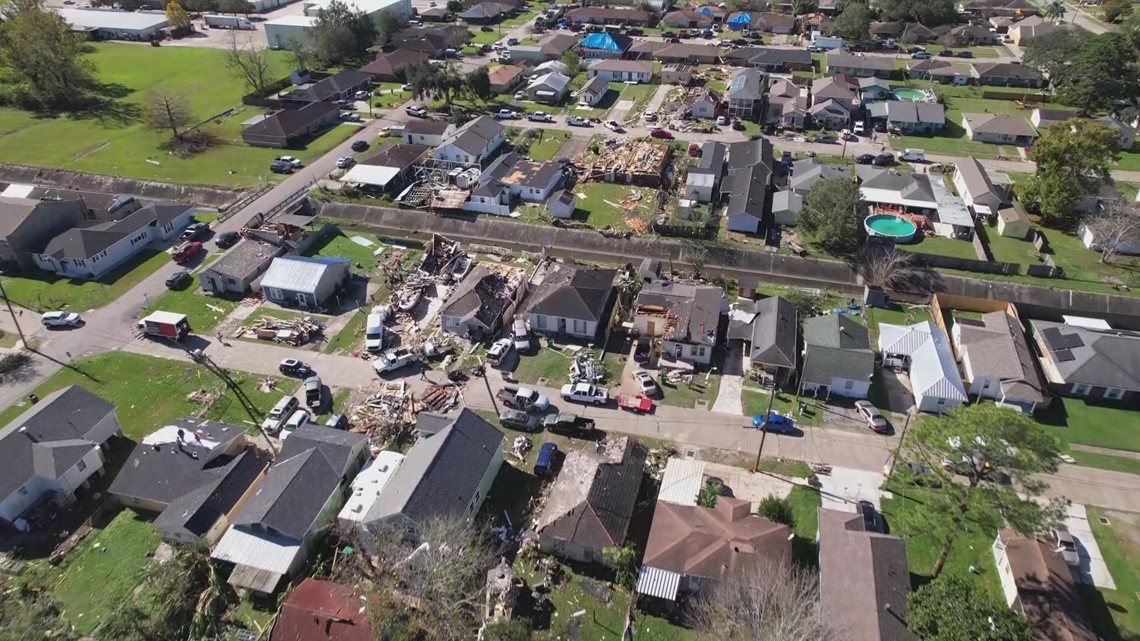 Drone footage of tornado damage in Harvey