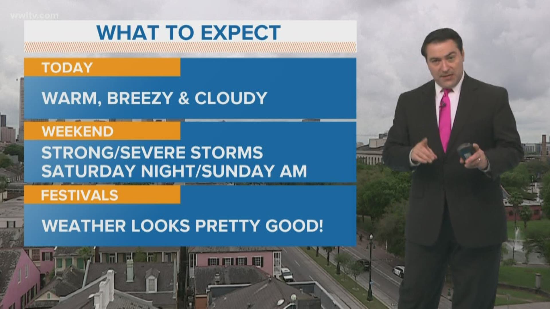Meteorologist Dave Nussbaum says it will be cloudy and warm today in New Orleans. Then a strong cold front will bring us possible severe weather Saturday Night into Sunday Morning.