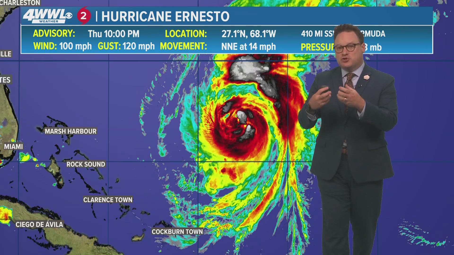 Chief meteorologist Chris Franklin says Hurricane Ernesto upgraded to a Category 2 hurricane, headed toward Bermuda. No direct impacts to the U.S.