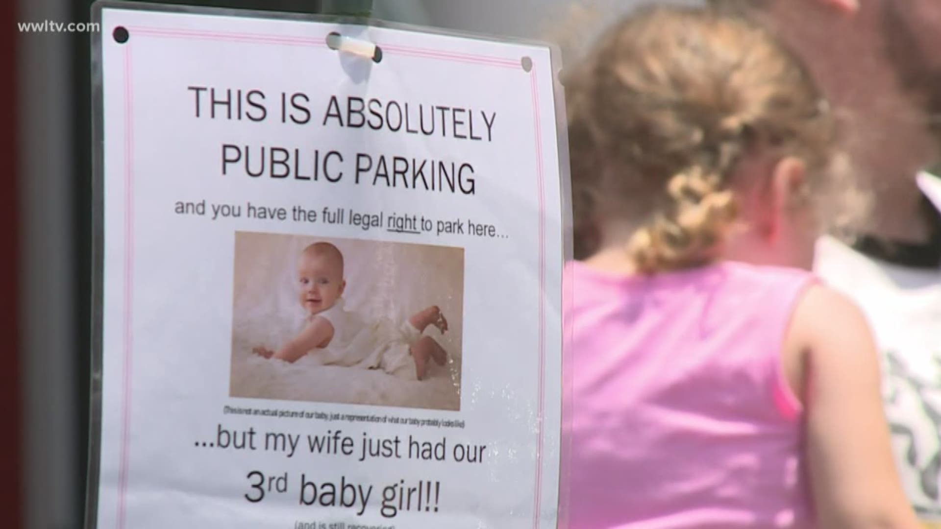 This next story you can put in the 'Only in New Orleans' file. A dad, who recently welcomed his third daughter, gives his wife the gift of parking. However, it's how he did it that's getting attention.