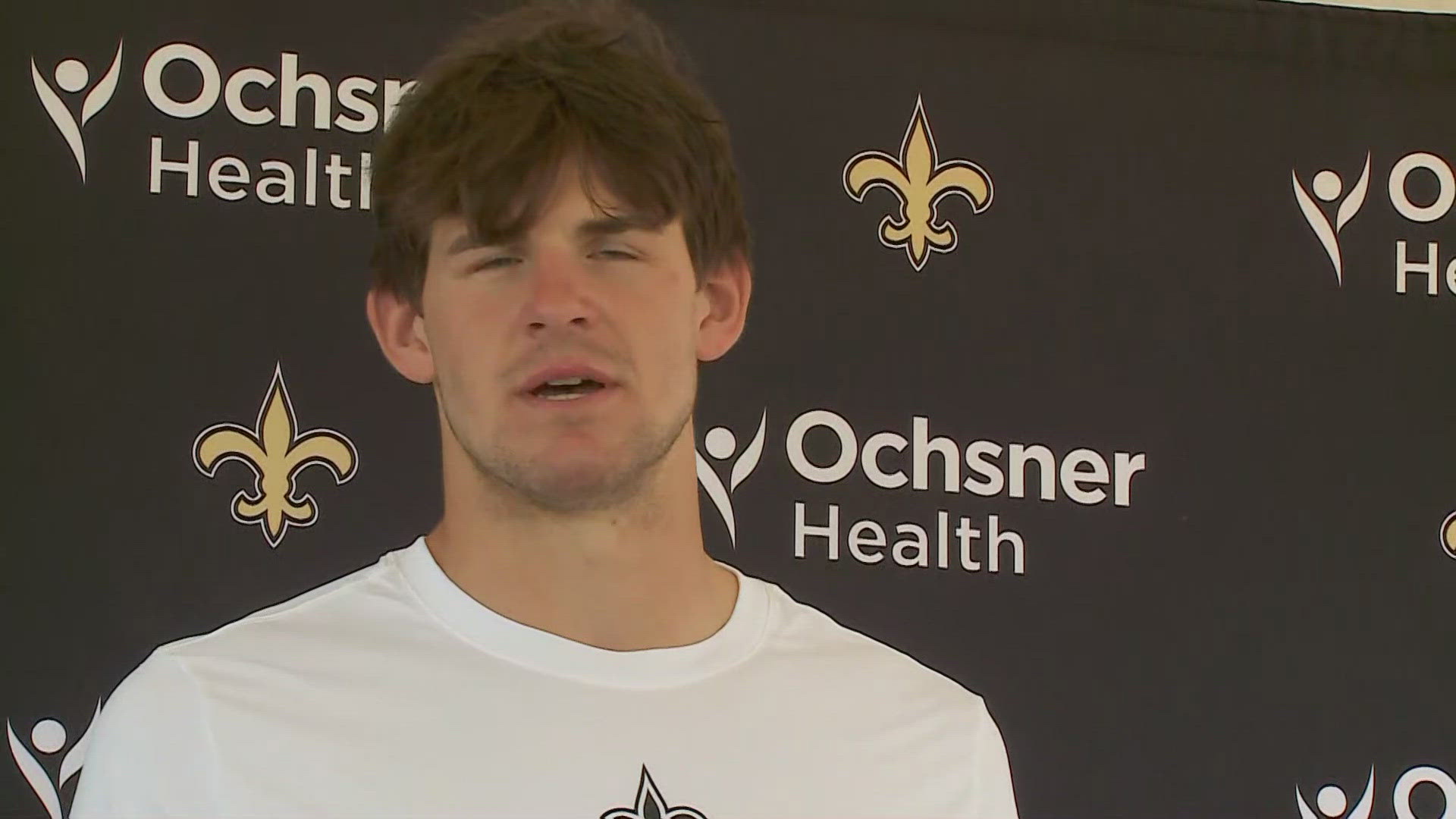 Basketballer-turned-tight end Michael Jacobson talks following practice on Day 11 of the 2024 Saints training camp at UC-Irvine in California on Monday, Aug. 5.