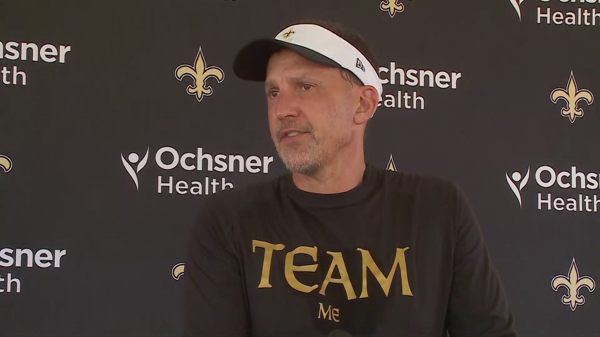 Saints head coach Dennis Allen addresses media following practice on Day 7 of the team's 2024 training camp at UC-Irvine in California on Wednesday, July 31.